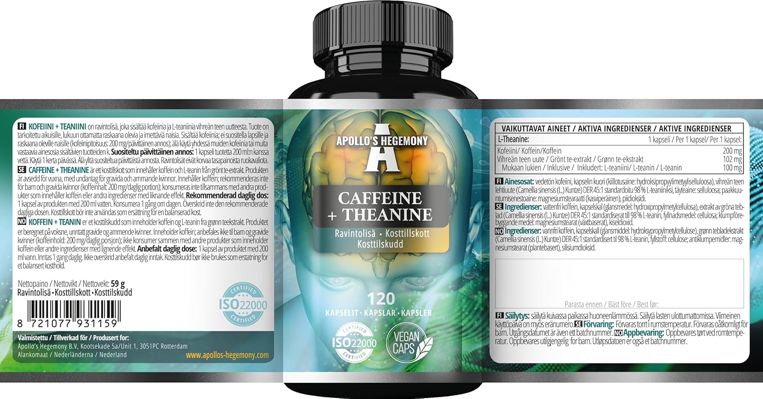 APOLLO'S HEGEMONY Caffeine + Theanine 300mg per Capsule, Caffeine Anhydrous and Green Tea Extract 98%, 120 Vegan Capsules, 4 Months Supply, Supplement for Enhanced Focus and Energy