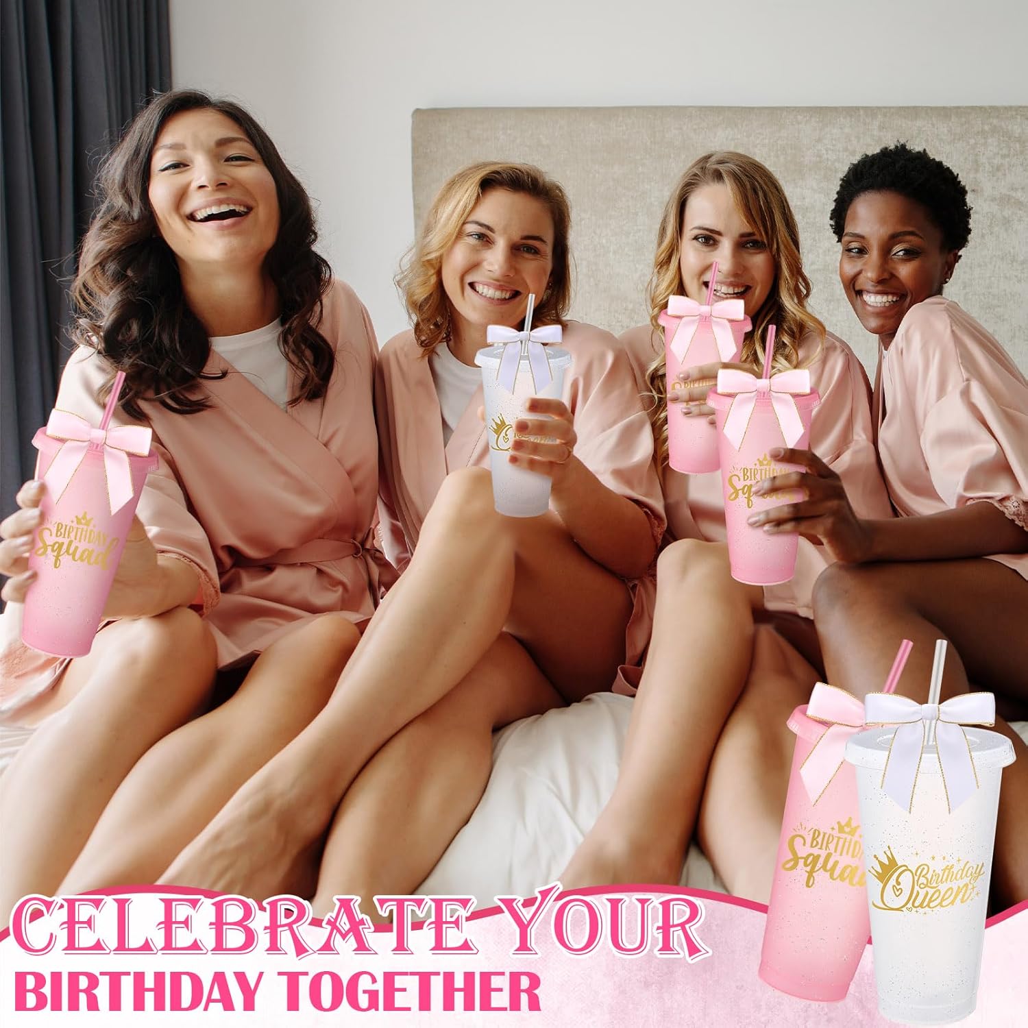 8 Set Birthday Party Glitter Tumblers 24 oz Birthday Squad Queen Plastic Tumblers with Lid Straw and Twist Bow for Squad Party Favor Decorations for Women (White,Pink) - Image 5