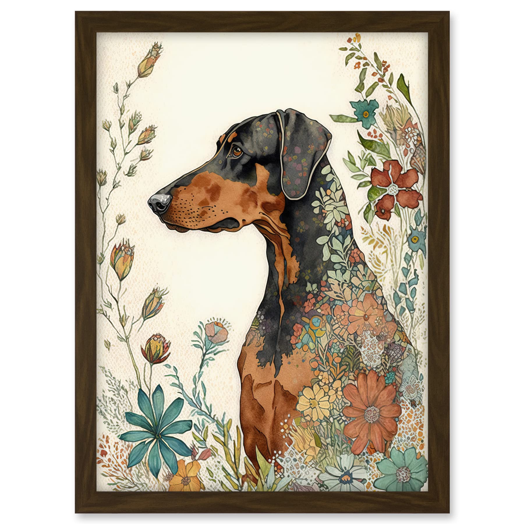 Artery8 Doberman Dog with Spring Flowers Colourful Watercolour Illustration Artwork Framed A3 Wall Art Print