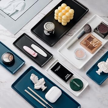 Ceramic Bathroom Tray, Modern Countertop Vanity Organizer, Porcelain Rectangular Soap & Perfume Tray, Water-Resistant Dresser Jewelry Dish, 10,Black, 2 Pack