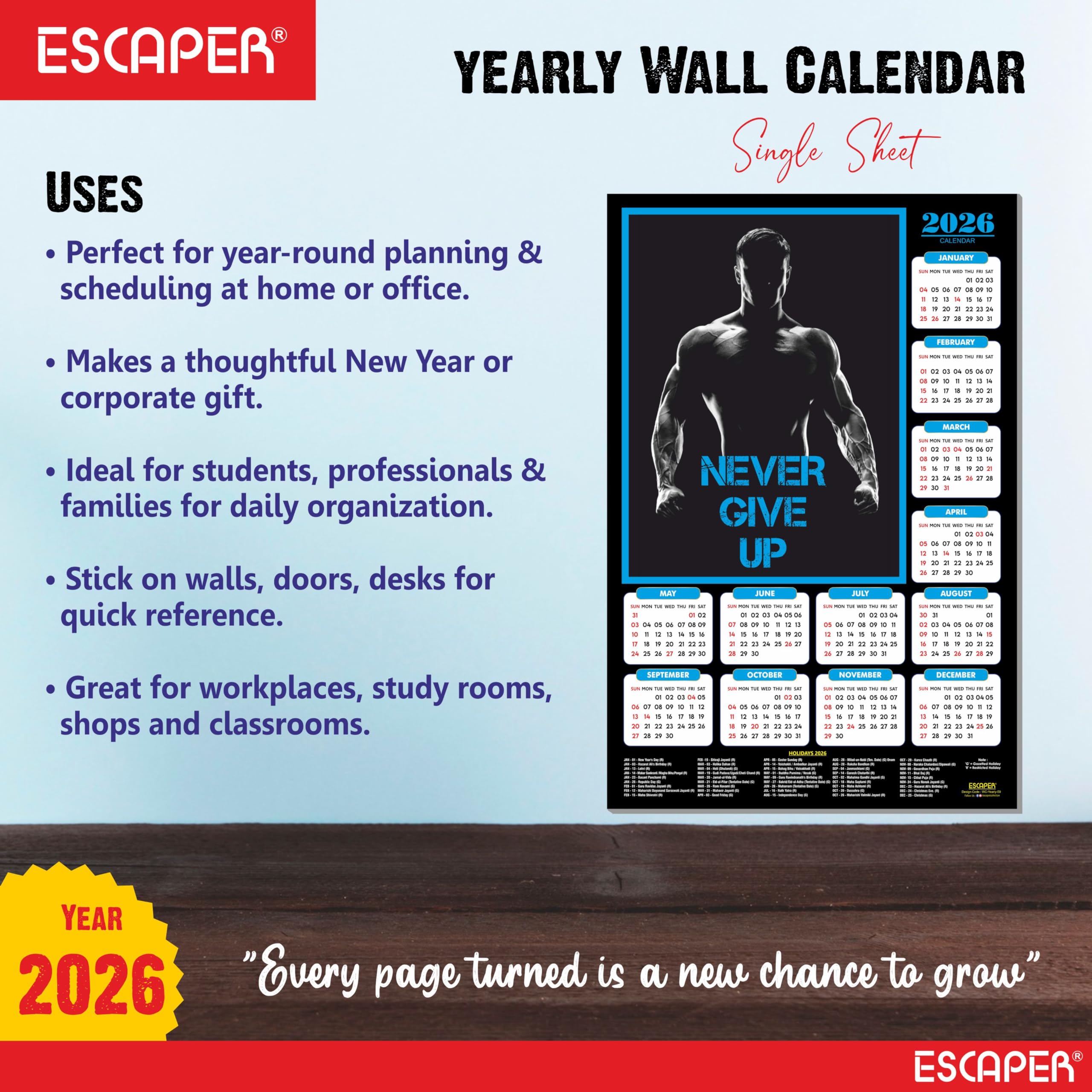 ESCAPER Never Give Up Gym Wandkalender 2026 - 300 g/m² Papier, laminierte Bodybuilder & Workout Motivation, Fitness & Übung Wandkalender für Fitnessstudio, Zuhause oder Fitnesscenter