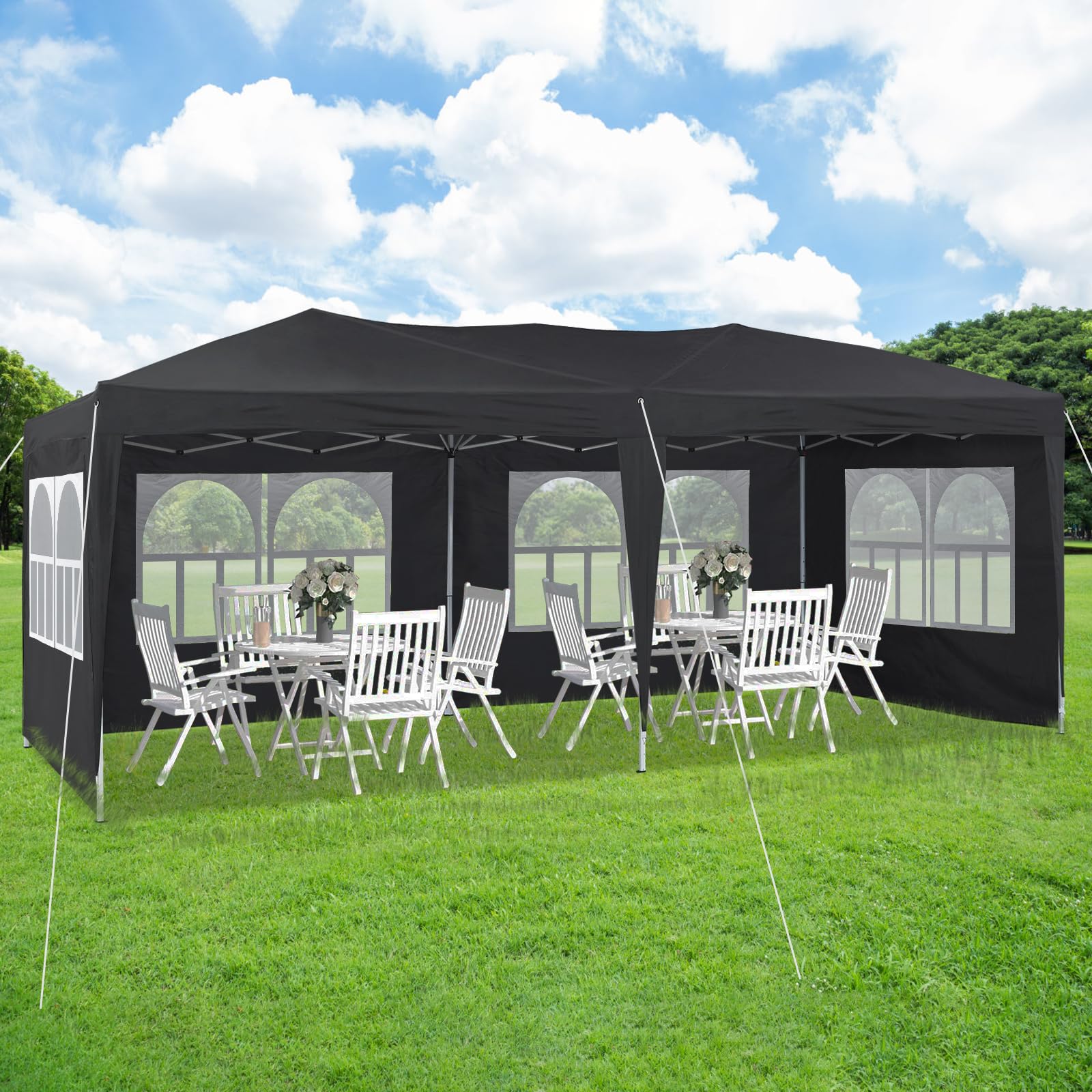 CLIPOP Pavillon 3x6 Faltpavillon, Wasserdicht Stabil mit 6 Seitenteilen, Gartenlauben Partyzelt mit UV-Schutz, Gartenpavillon für Hochzeiten Pavillon für Garten, Party, Festival (Schwarz)