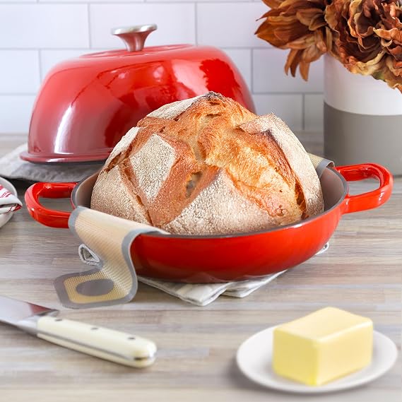 MegaChef 6 Quart Enameled Cast Iron Bread Pot in Red with Baking Mat, Dutch Oven, Bread Oven for Homemade Bread (Red)