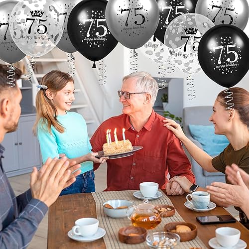 Miniatura 4 de Globos decorativos de 75 cumpleaños, 15 unidades, color negro y plateado, para fiesta de cumpleaños 75, globos de látex de confeti para hombres y