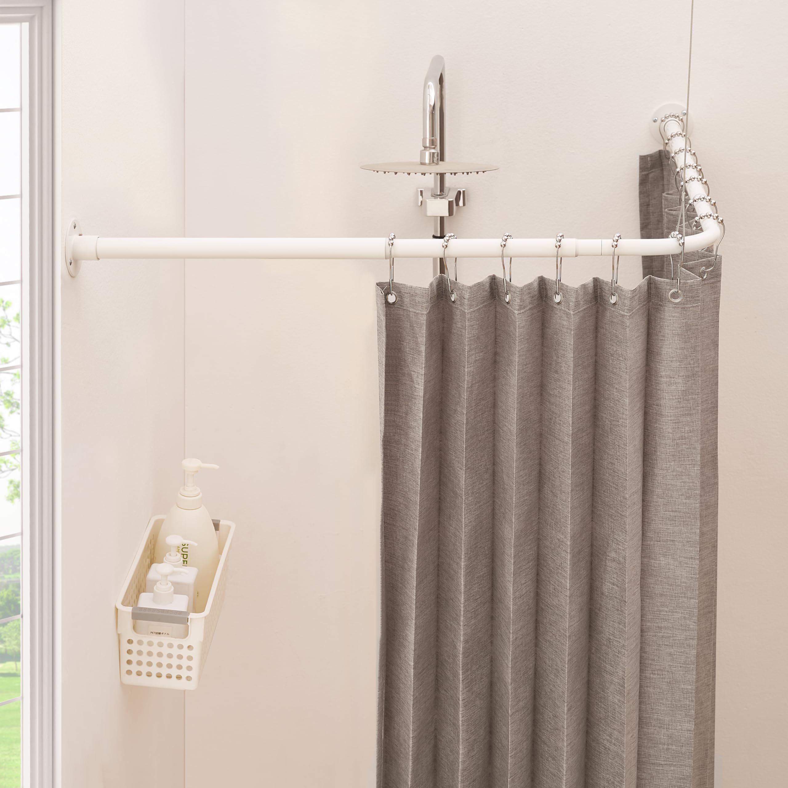 Asta per tenda da doccia a forma di L, asta curva per tenda da doccia, 62-122 cm x 62-122 cm, asta telescopica per bagno e vasca da bagno, in acciaio inox, con 12 ganci ad anello e supporto a soffitto