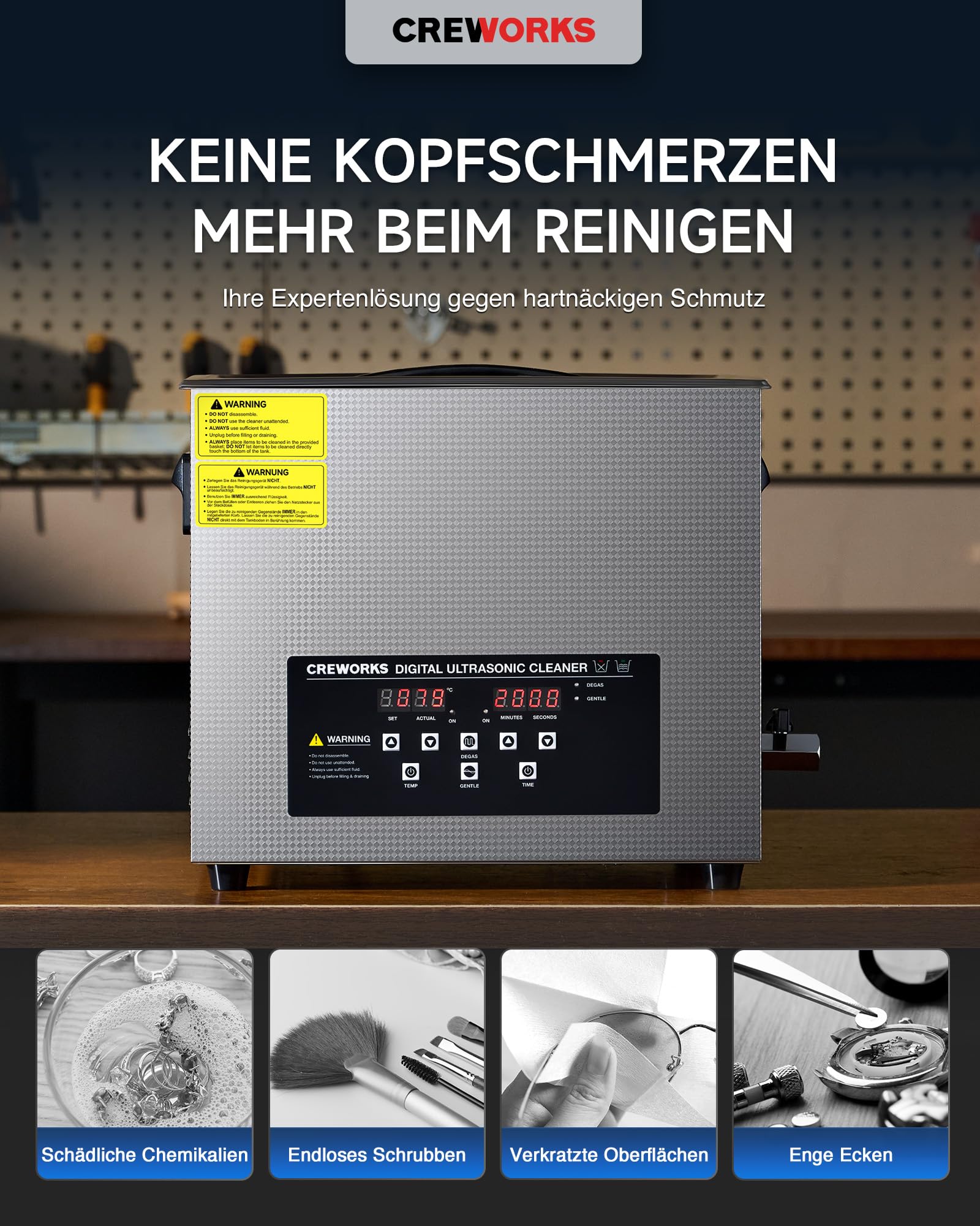 CREWORKS 15L Ultraschallreiniger Edelstahl mit Degas & Halbwellen-Funktion, 360W Ultraschallreinigungsgerät 450W Heizung, Ultraschallbad für Vergaser Motorteile Schmuck Brillen Labor