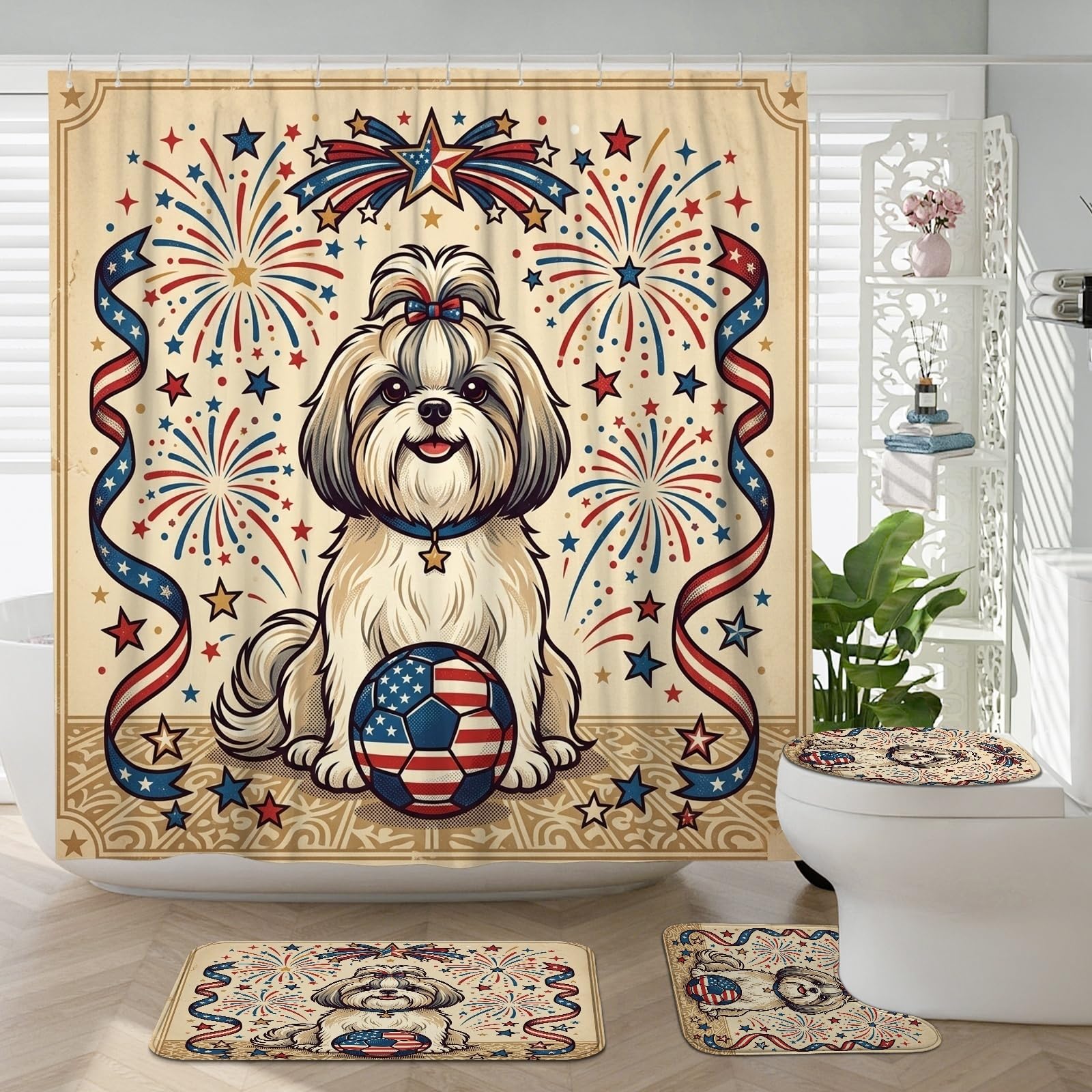 Rideau de douche Shih Tzu 4 pièces anti-éclaboussures avec tapis de bain et contour WC en U