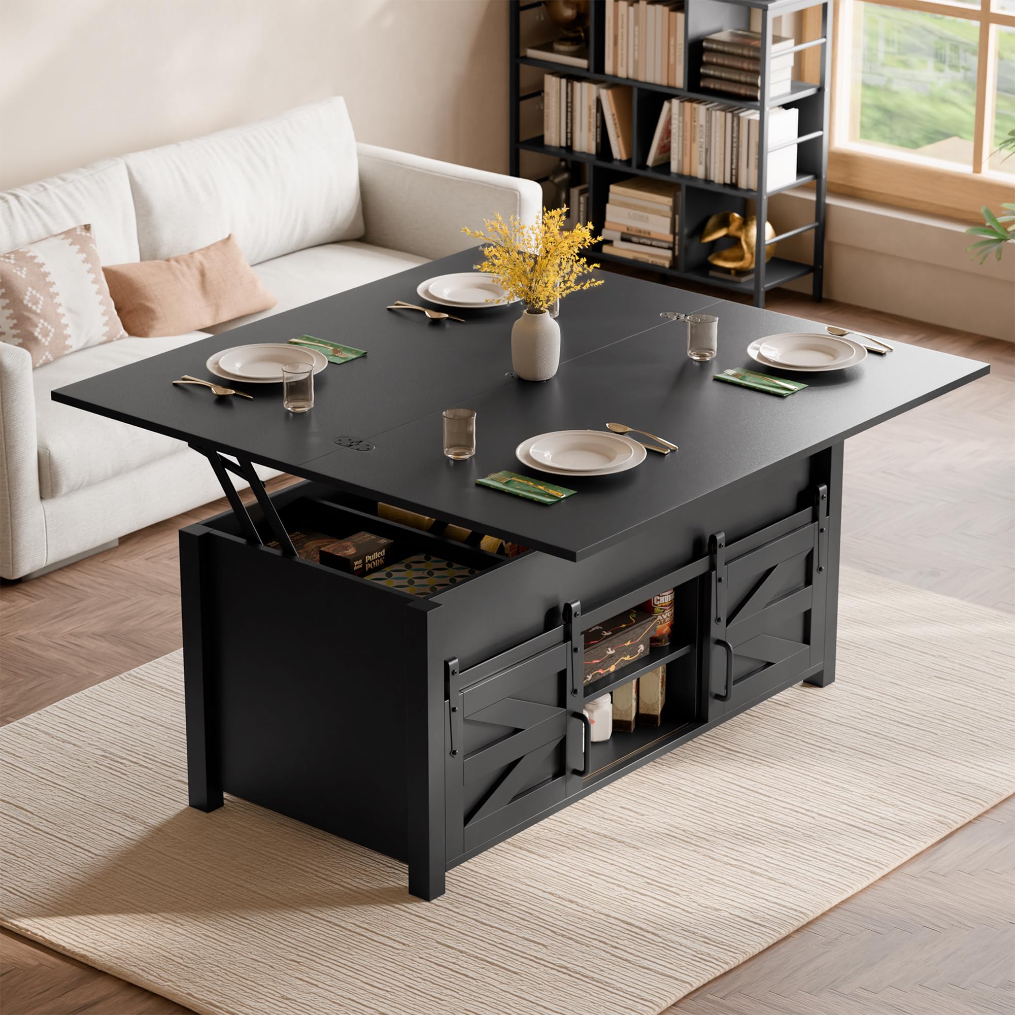 ELUCHANG Couchtisch Höhenverstellbar, 4 in 1 Wohnzimmertisch Umwandelbar in Wohnzimmer-Esstisch, Multifunktions mit Versteckter offenes Fach & Aufbewahrung,für Wohnzimmer/Büro/Esszimmer