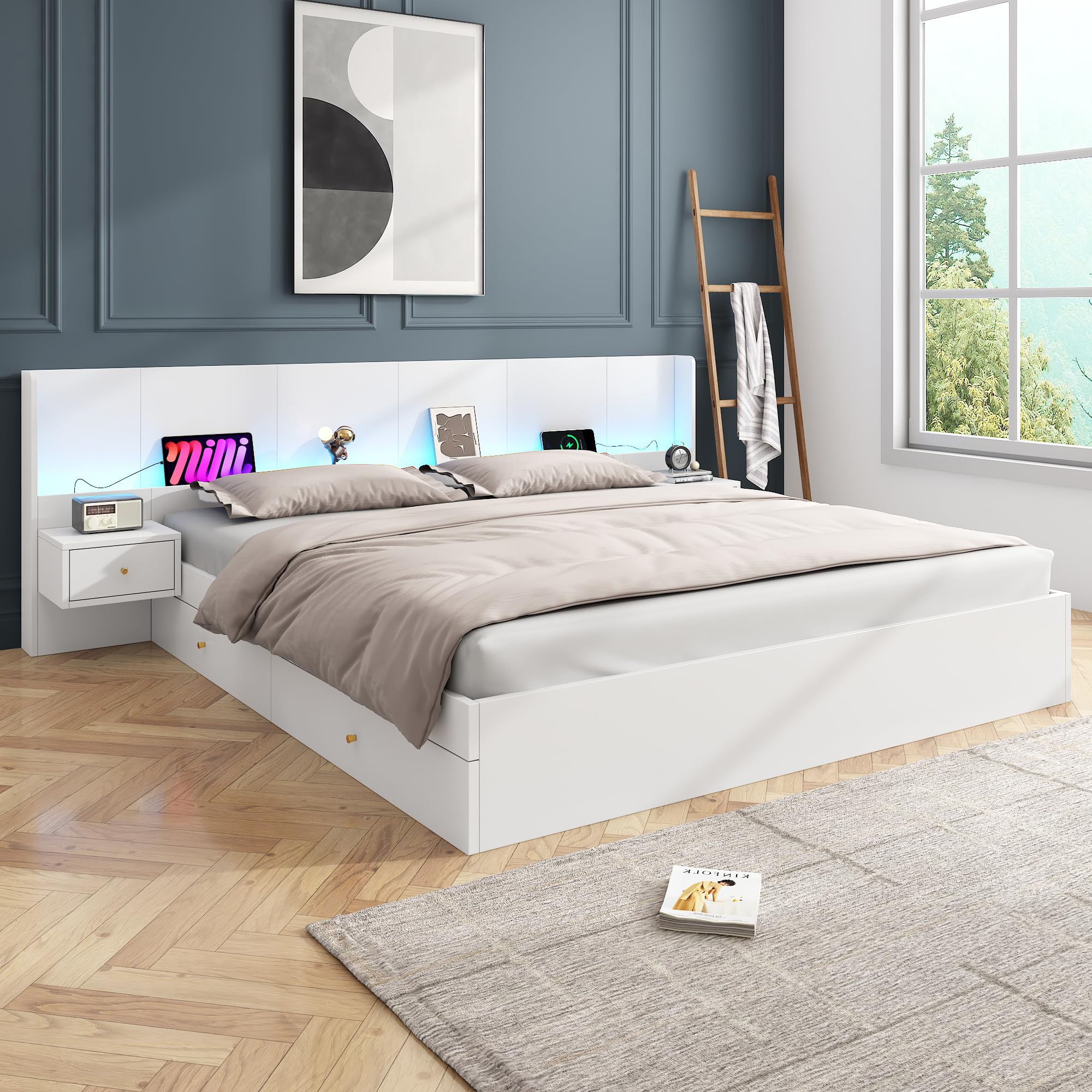 Letto 180x200 con contenitore, letto in legno con contenitore con 2 cassetti, testiera con comodino, LE/D e US/B, letto matrimoniale moderno con rete a doghe, bianco
