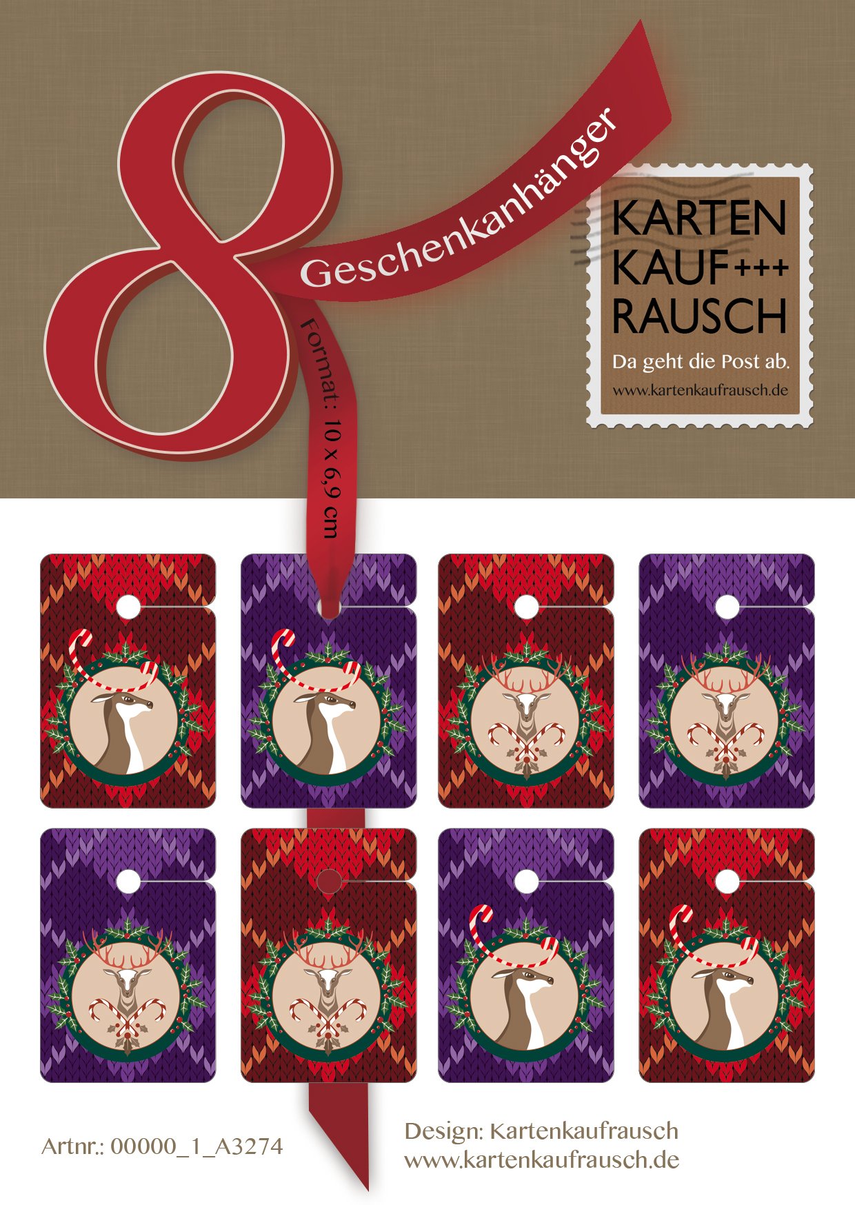 Designer Weihnachts Geschenk Anhänger | Papieranhänger | Geschenkkarten (64Stk) zu Weihnachten mit lustigen Hirschen auf Strickmuster