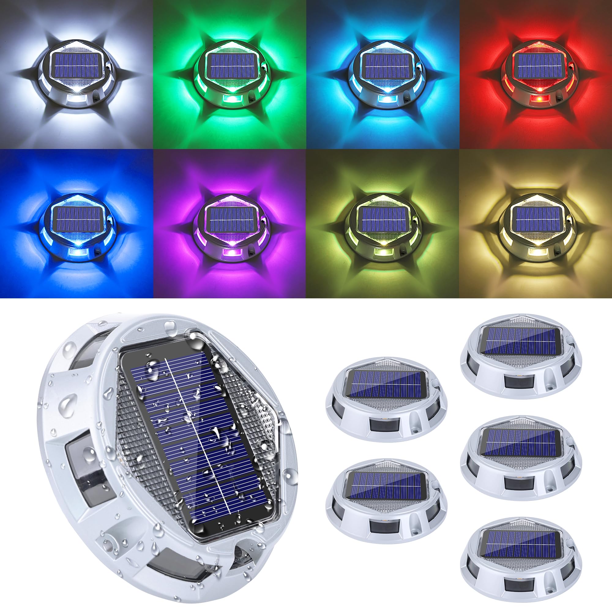 Solar Deck Light Outdoor, 6 Pack 9 Colors in 1 Solar Driveway Dock Lights, IP67 Waterproof Solar Powered Outdoor Light, RGB Step Lights for Outside Garden Yard Fence Stair Sidewalk Pathway Walkway