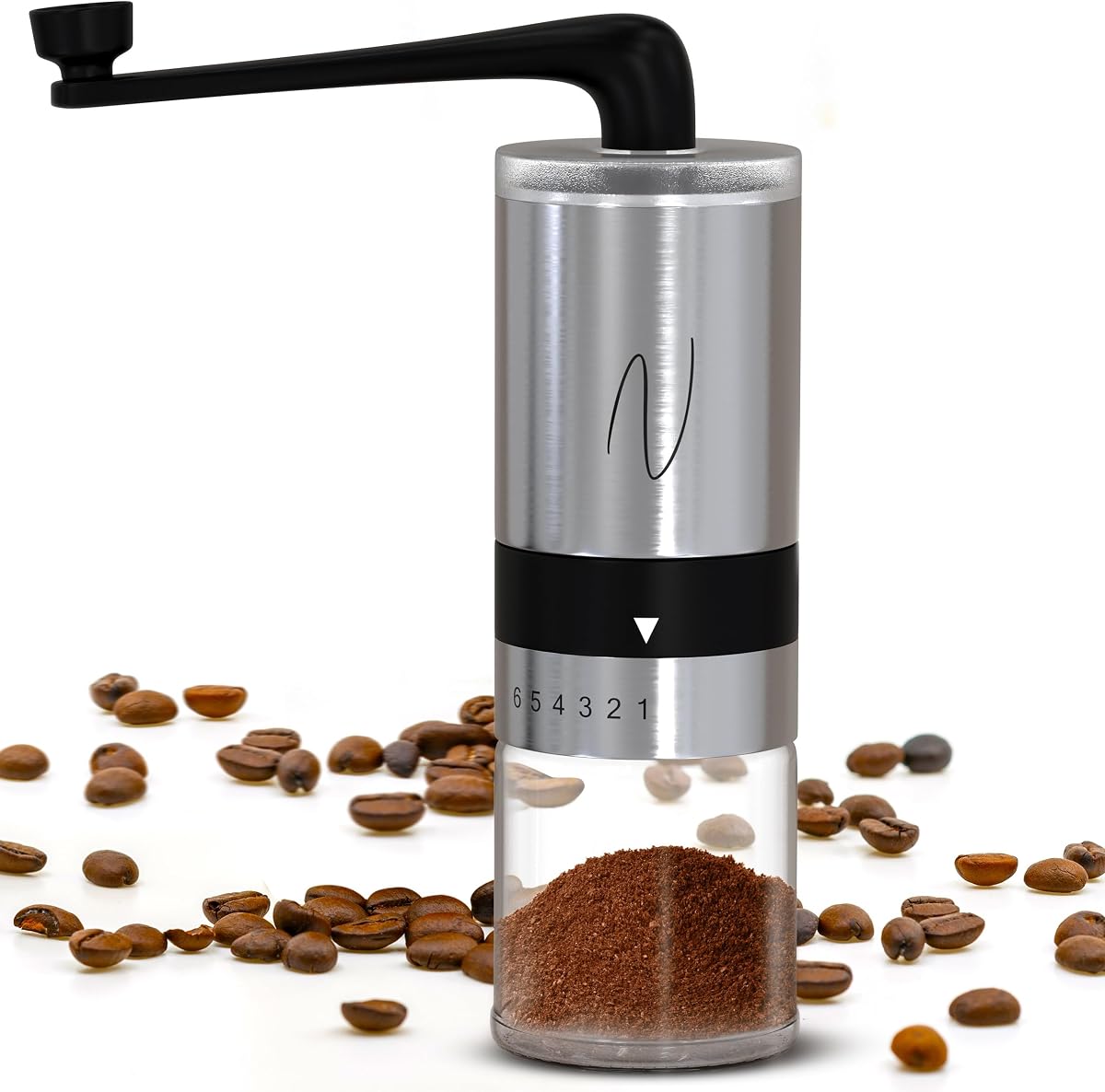 Molinillo de café manual – Molinillo de granos de café con manivela, 6 ajustes de molienda para espresso, prensa francesa y vertido – Molinillo manual de acero inoxidable silencioso, portátil y duradero para el hogar y viajes