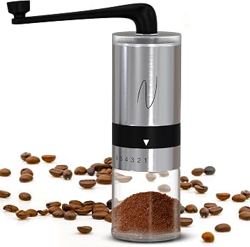 Manual Coffee Grinder Hand Crank Burr Coffee Bean Grinder, 6 Grind Settings for Espresso, French Press & Pour Over Quiet, Portable, Durable Stainless Steel Manual Grinder for Home & Travel