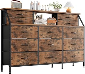 COTUBLR Dresser for Bedroom with 13 Drawers, 55” Wide Chest of Drawers, Fabric Dresser with 2 Wooden Shelves, Storage Organizer Unit with Fabric Bins for Bedroom, Living Room, Hallway, Rustic Brown