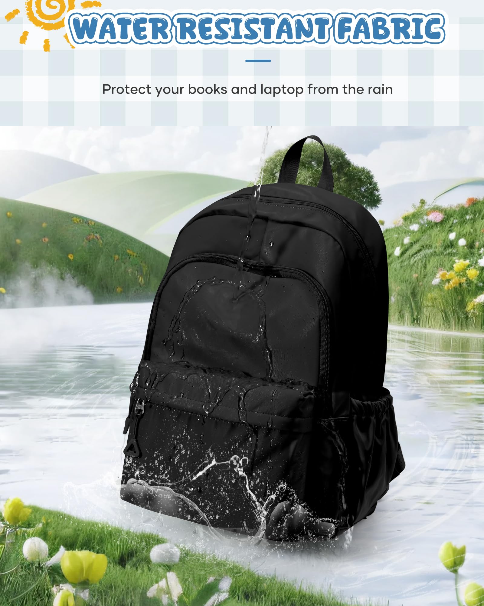 winspansy Mochila Escolar para Adolescentes Niñas y Niños, Mochila Ligera Impermeable para Escuela, Hombres y Mujeres, Estética, Mochila para Portátil, Mochilas Casual de Diario -Negro