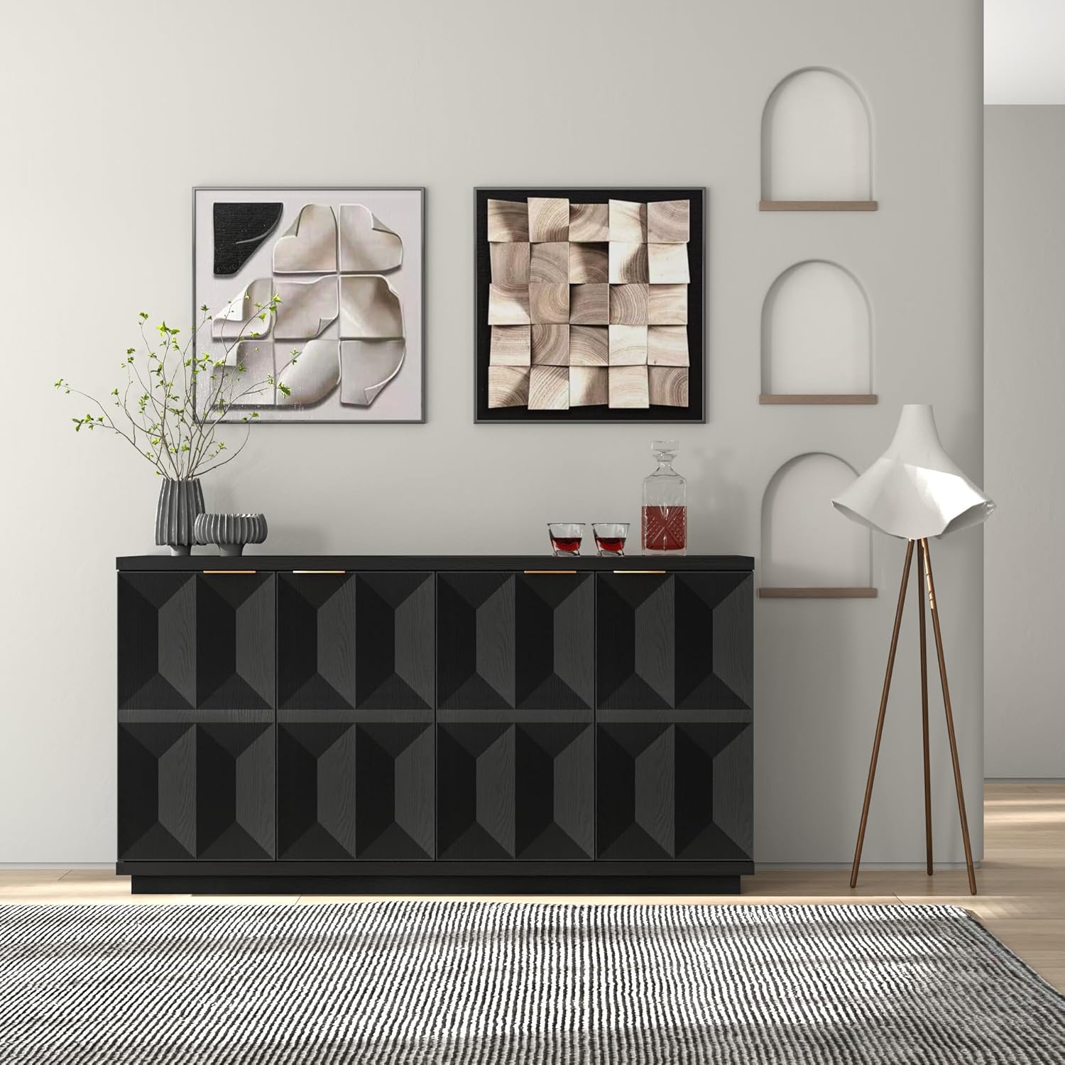 Brafab Buffet Cabinet, 59" Modern Mid-Century Credenza with 4 Doors, Wood Sideboard Cabinet with Geometric Doors for Living Room and Kitchen, Black