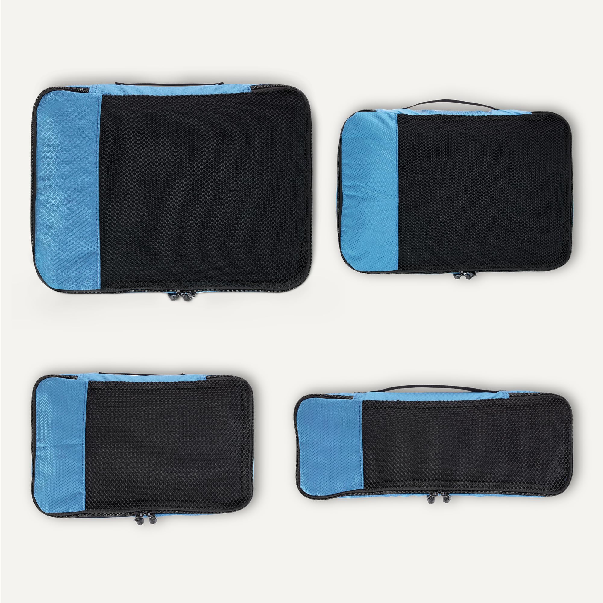 Amazon Essentials 4 Cz. Zestaw Akcesoriów Podróżnych do Pakowania, Organizer na Bagaż z Podwójnym Zamkiem, Klapa Górna z Siatki, 100% Poliester, Mały/Śr./Duży/Slim, Błękitny (Wcześniej Amazon Basics)
