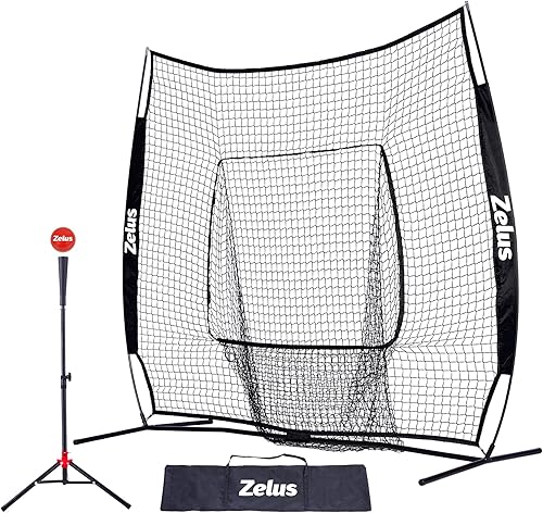 ZELUS Red de béisbol de 7 x 7 pies, red de práctica de béisbol y sóftbol con tee, pelotas de béisbol y bolsa de transporte para batear y lanzar