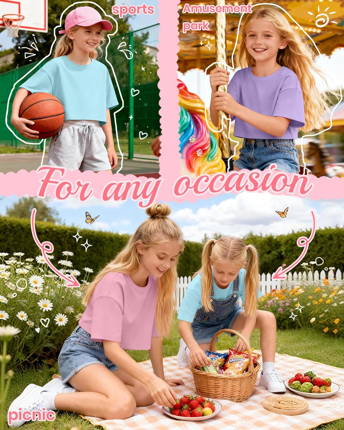 3 Pack Girls Crop Short Sleeve Tops Oversized Crew Neck Summer T Shirts Casual Basic Cropped Kids Tees Size 5-14Y