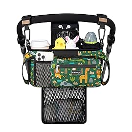 TOPDesign Universal Baby Stroller Organizer, Stroller Caddy with Detachable Mesh Bag & Heightened Insulated Cup Holders & Non-Slip Secure Hooks Accessories, Fits Most Strollers (Zoo 2)