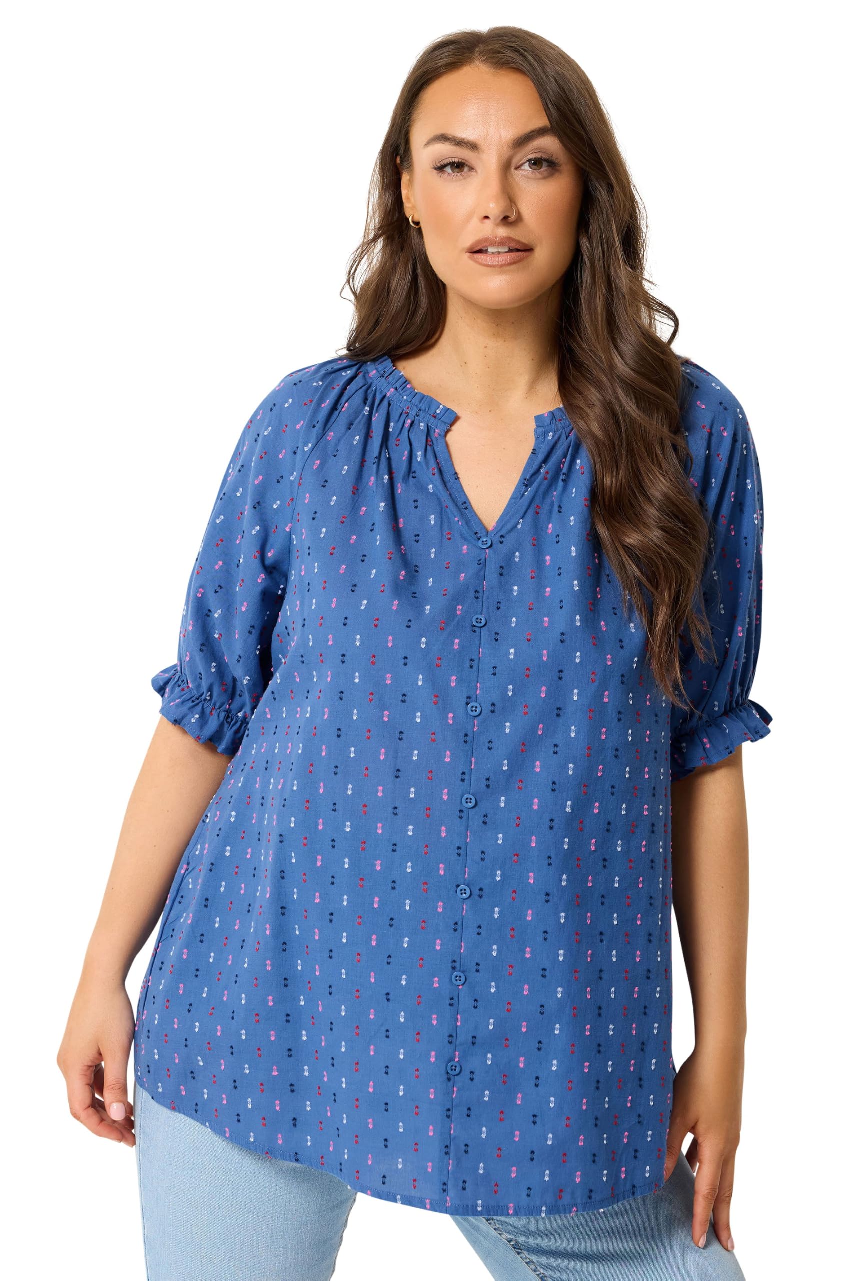 Yours Women's Dark Blue Dobby Frill Neck Top In | Size: 30/32
