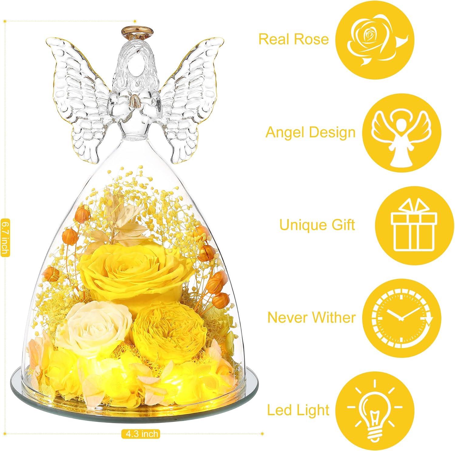 Ocosy Mothers Day Rose Gifts, Large Angel Rose Gifts for Women, Forever Real Roses in Angel Figurines, Angel Guardian with Roses Flower,Yellow
