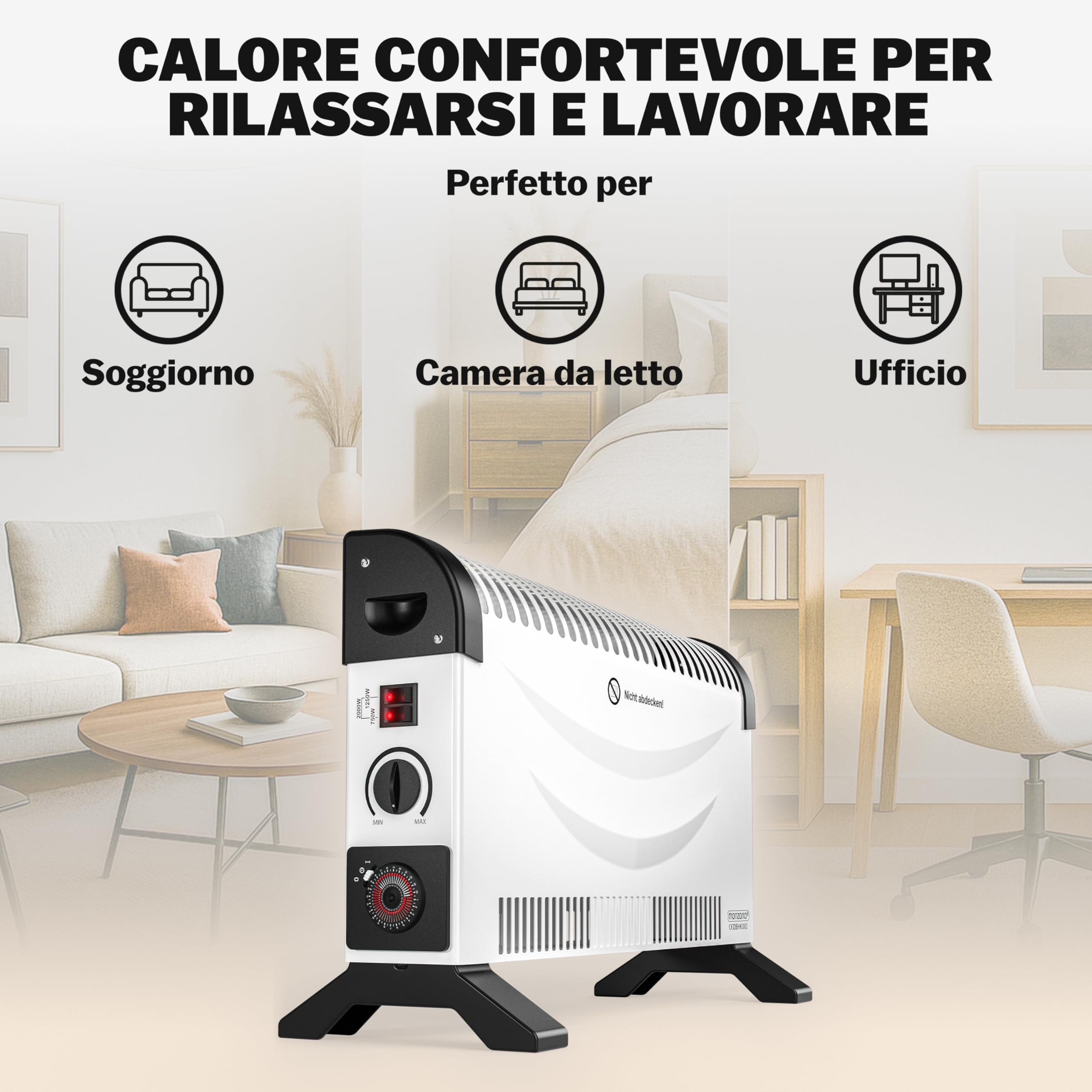 MONZANA Stufa Elettrica a Convettore 2000 W incl. Timer 24 h 3 Livelli di Riscaldamento Termostato Radiatore Elettrico