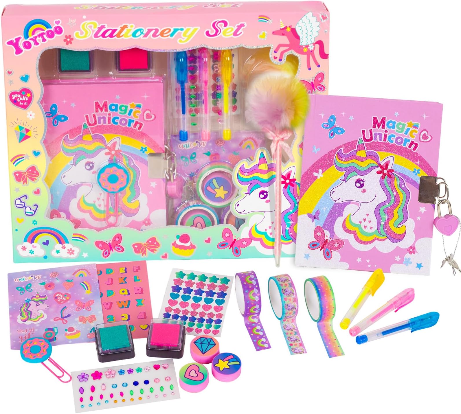 Unicorn Gifts for Girls 5 6 7 8 9 10-12 Years Old, Kids Unicorn Stationery Set with Secret Diary, Stamps, Pens, Journal Notebook Birthday Gifts for Little Girls
