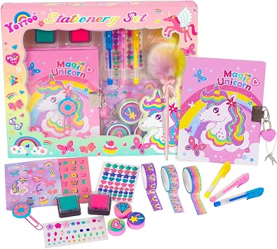 Unicorn Gifts for Girls 5 6 7 8 9 10-12 Years Old, Kids Unicorn Stationery Set with Secret Diary, Stamps, Pens, Journal Notebook Birthday Gifts for Little Girls