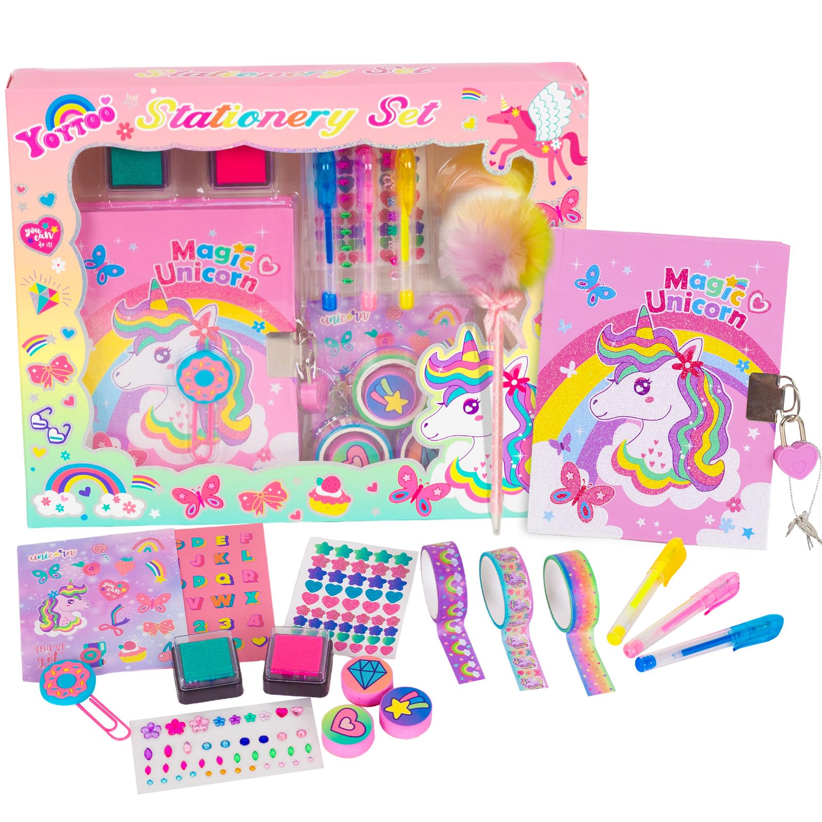 Unicorn Gifts for Girls 5 6 7 8 9 10-12 Years Old, Kids Unicorn Stationery Set with Secret Diary, Stamps, Pens, Journal Notebook Birthday Gifts for Little Girls