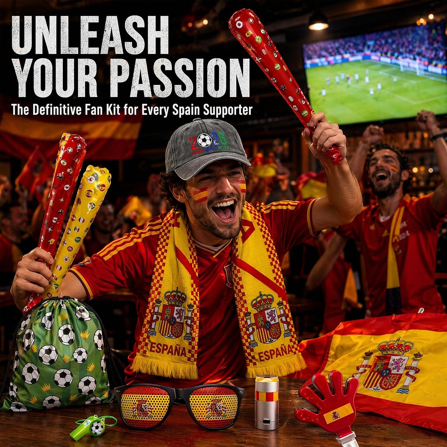 12Pcs 2026 World Cup Fan Set w/Flag, Flag Glasses, Whistle, 2 Clappers, Wristband, Face Paint, Scarf, Hat, 2 Sticks, Bag