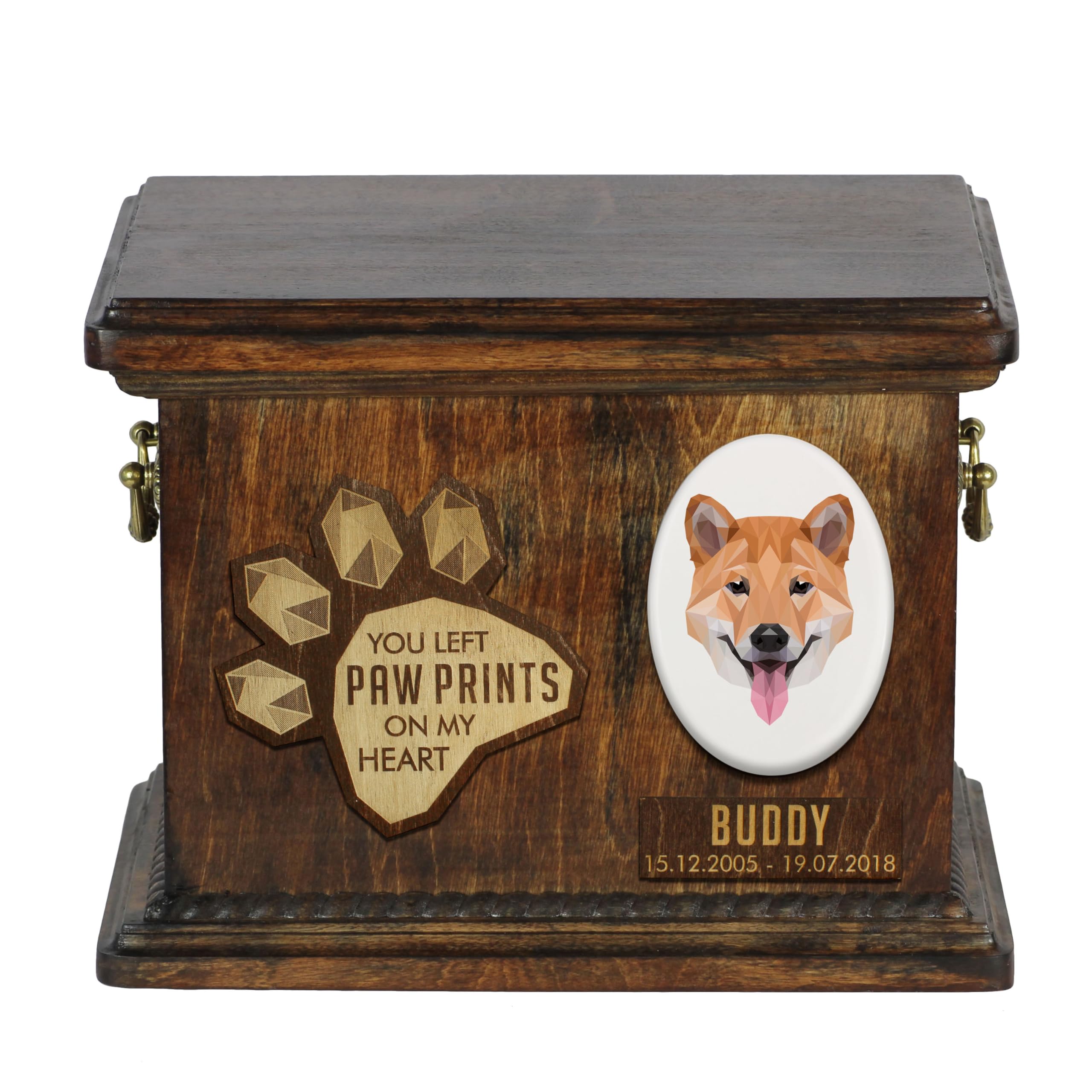 Art-Dog Custom Geometric Dog Memorial Urn - Handmade Wooden Urn – Decorative Ceramic Plate - Custom-made Dog Cremation Box for Ashes - 8,3x11,4x8,7” – Shiba inu — image 1