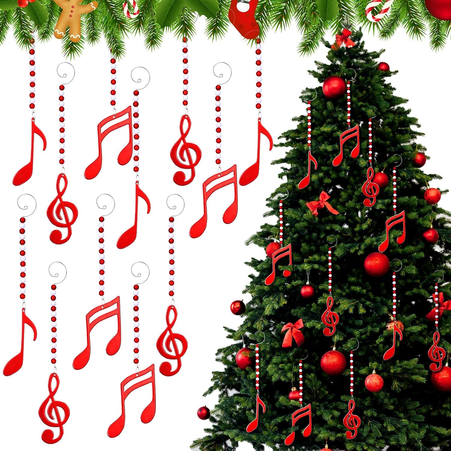 12 Pcs Christmas Music Note Tree Ornaments Set Musical Xmas Tree Hanging Decorations with Hook Gifts for Christmas Birthday Music New Year Party Supplies Winter Home Decor Red Treble Clef