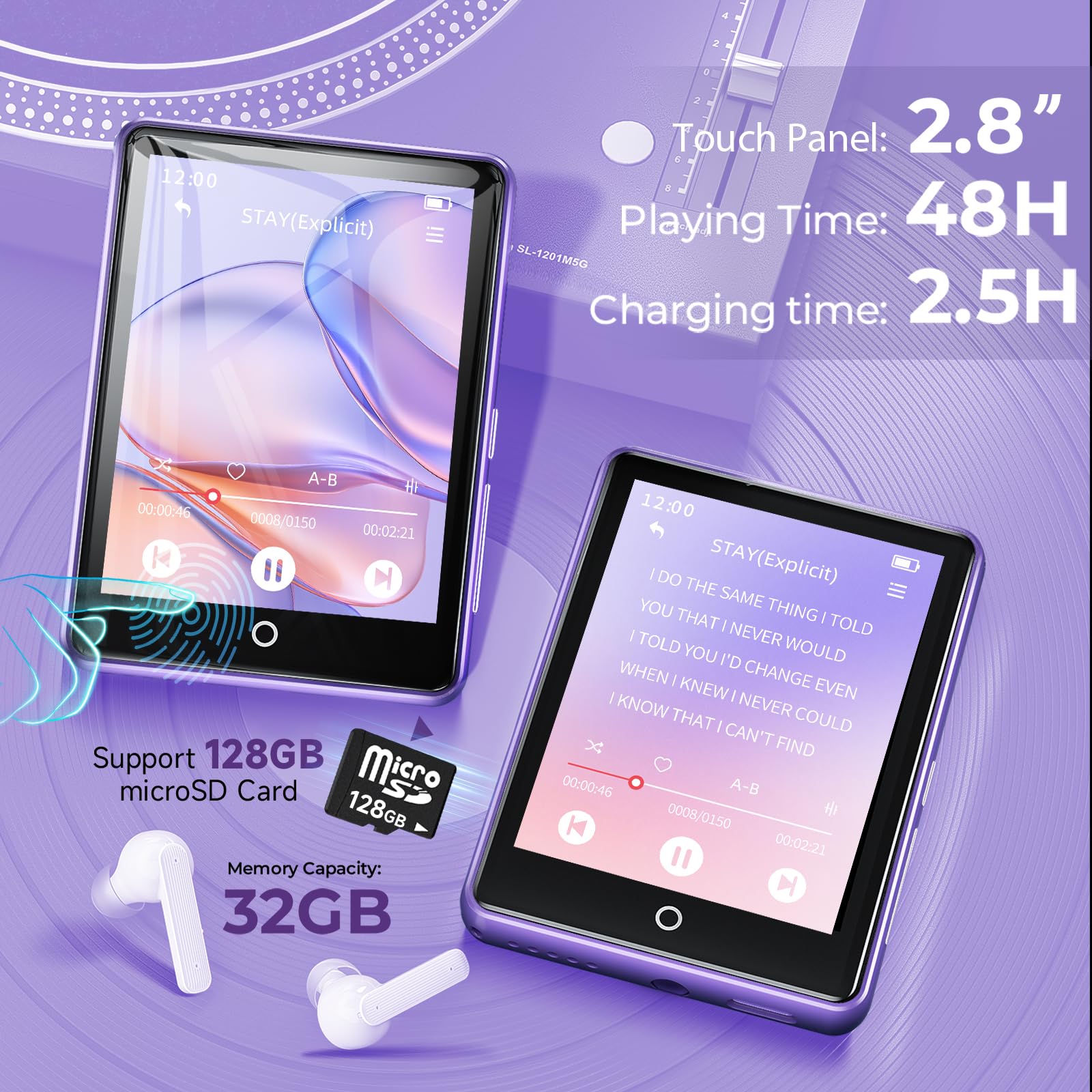 32Go Lecteur MP3 Bluetooth 5.3, 2,8" écran Tactile, Bruit Blanc (18 Sons), Lecteur MP3 Portable HiFi pour Enfants, avec Haut-Parleur, jusqu'à 45 Heures d'autonomie, Radio FM, Extensible 128 Go