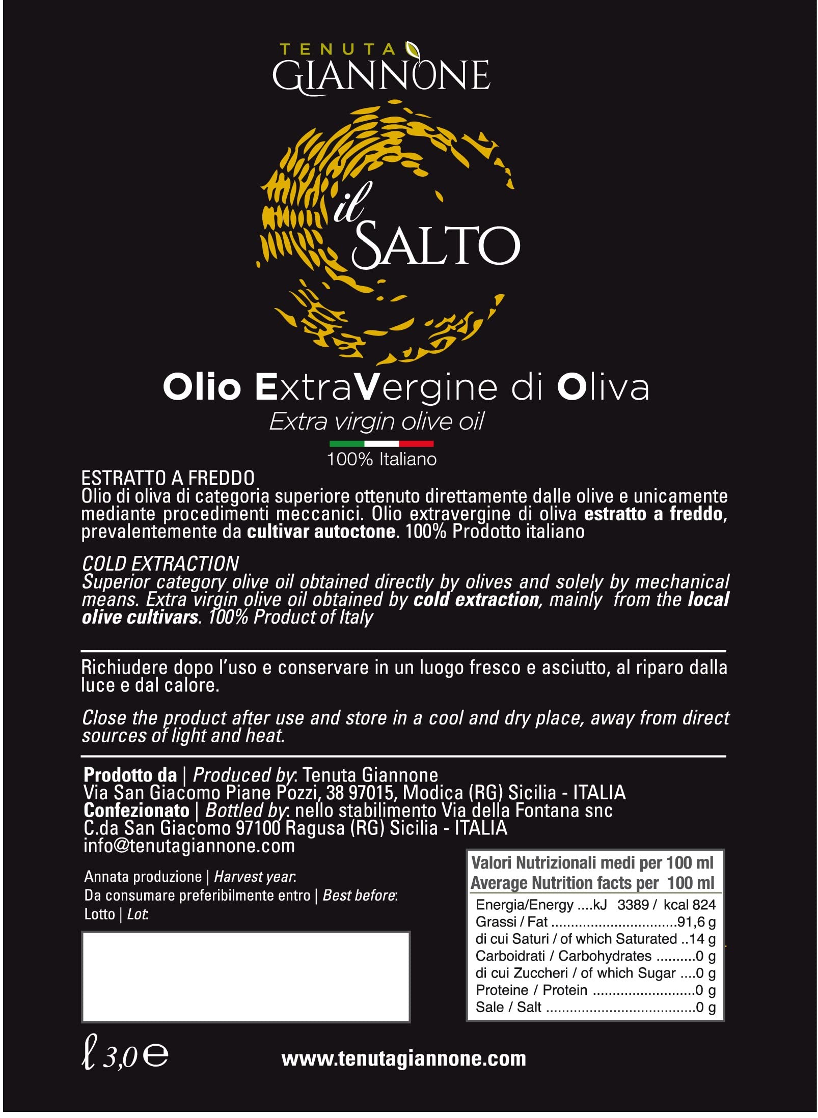 Tenuta Giannone - Olio Extravergine Di Oliva il SALTO - 100% italiano - Bag in Box da 3/5 litri (Bag in Box 3 litri)