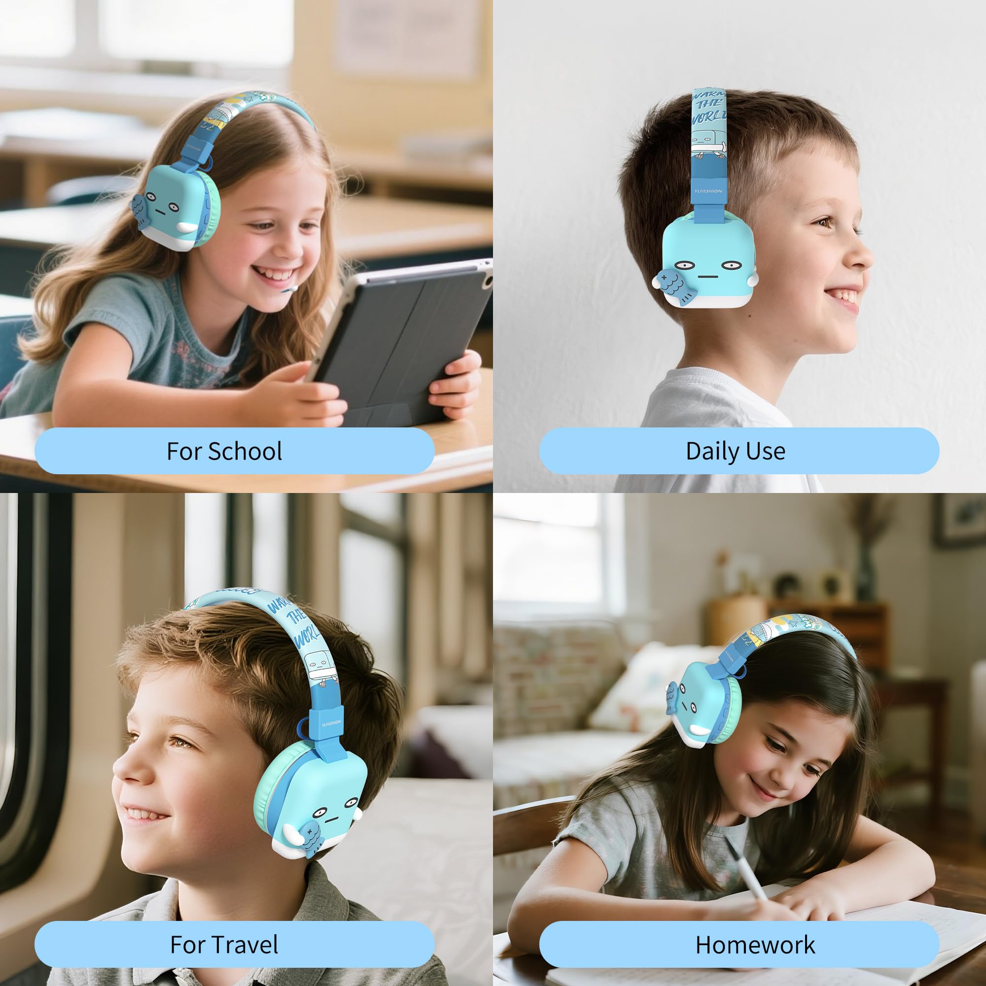 Auriculares Bluetooth para niños, inalámbricos y con cable, micrófono integrado, volumen limitado, cómodos y plegables, Bluetooth 5.4, azul