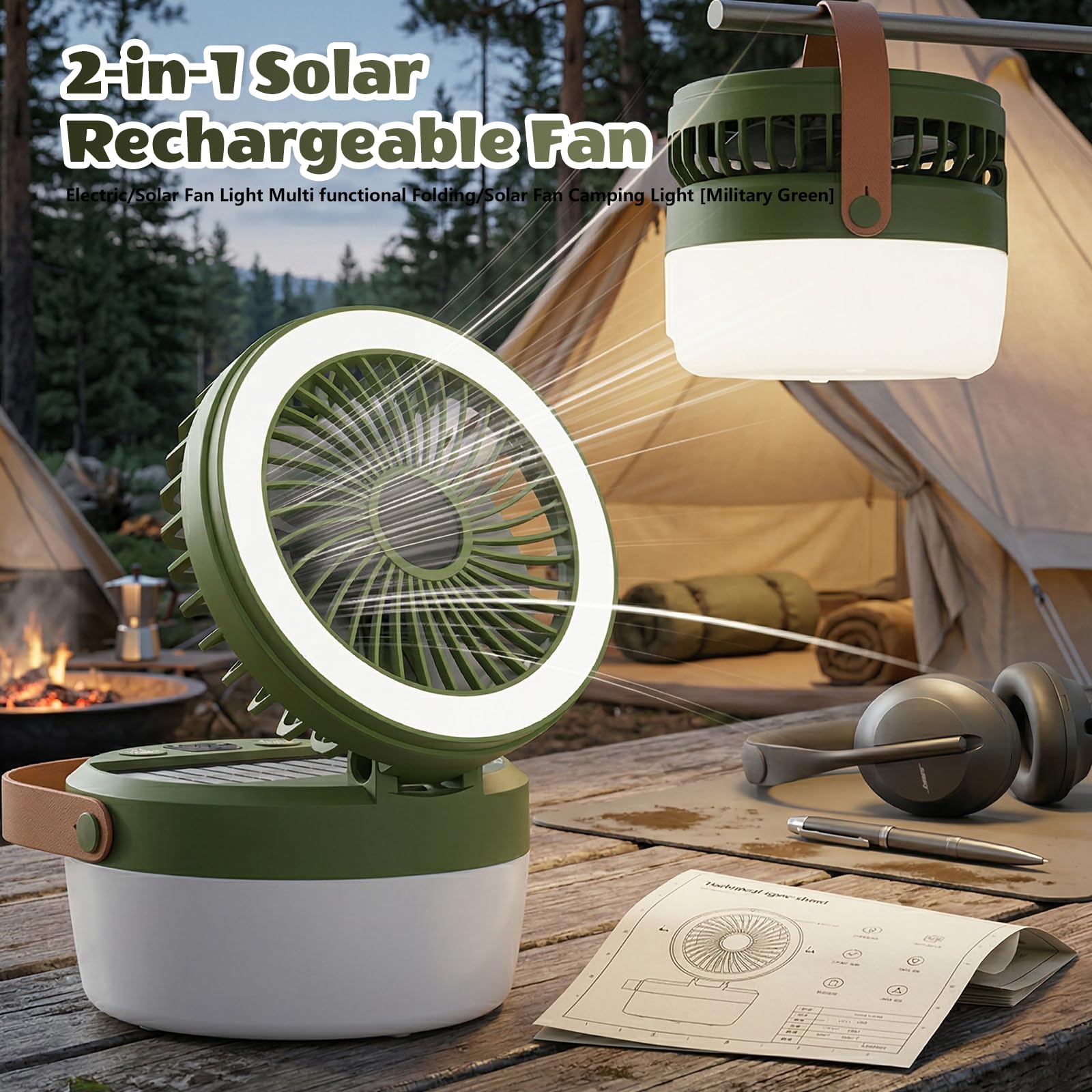 Ventilateur de Camping avec Lumière, Ventilateur Solaire et Portable, Lampe de Camping Solaire Avec ventilateur, 4 Modes d'éclairage, 3 Vitesses, Pour Camping, Aventure, Pêche, équipement d'urgence