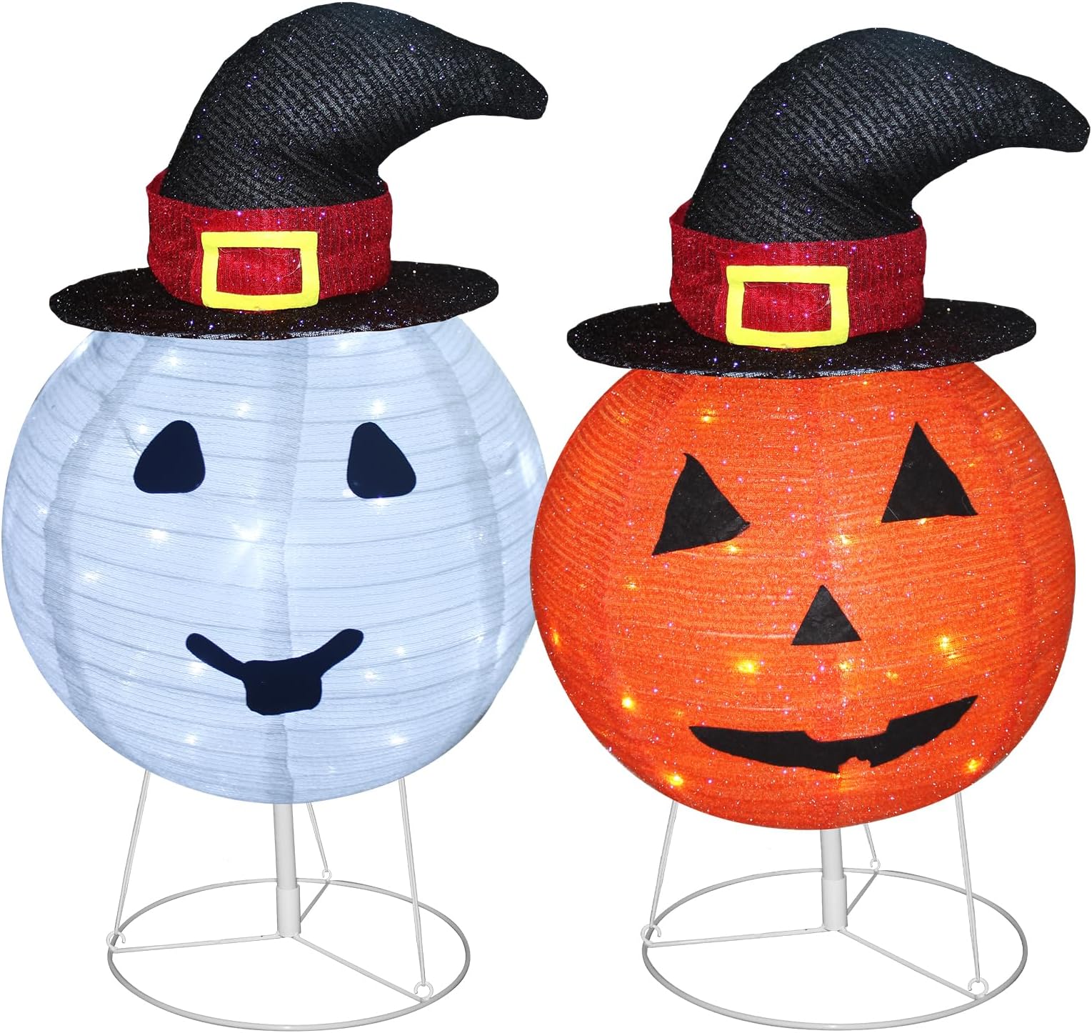 ATTBEA2 Pack Lighted Pop Up Halloween Decorations, Jack-O-Lantern and White Ghost with Witch Hat, Each Pre-Lit with 40 LED Lights, Outdoor Collapsible Horror Haunted House Props Ornament