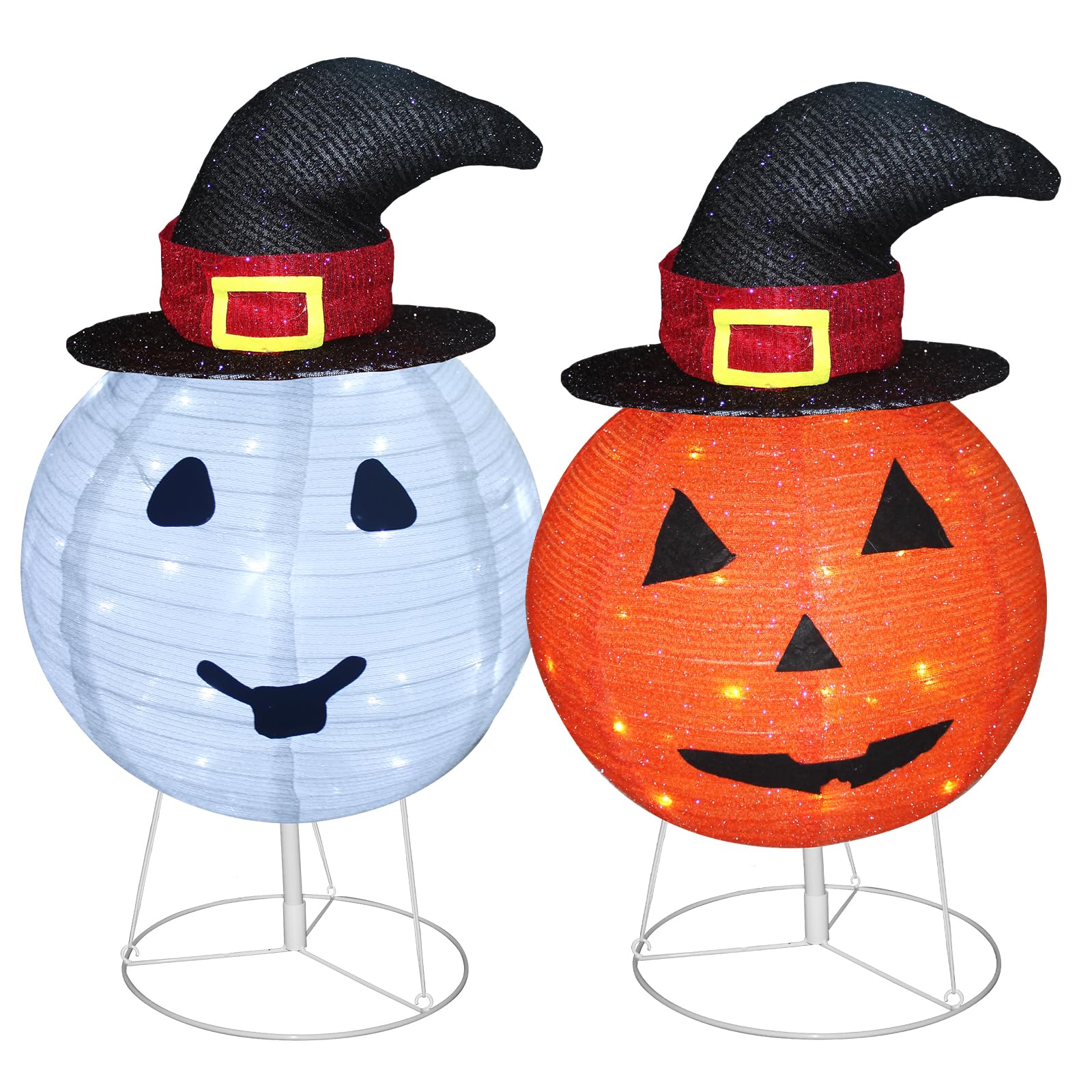 ATTBEA2 Pack Lighted Pop Up Halloween Decorations, Jack-O-Lantern and White Ghost with Witch Hat, Each Pre-Lit with 40 LED Lights, Outdoor Collapsible Horror Haunted House Props Ornament