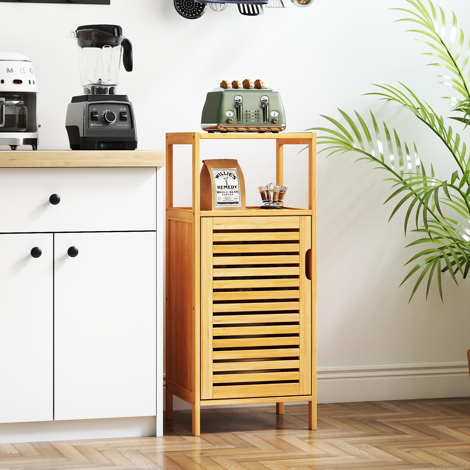 Kinlife Bamboo Cabinet - Free Standing Bathroom Storage Cabinet Organizer with Doors and Open Shelves Multifunctional Kitchen Cupboard, Nature