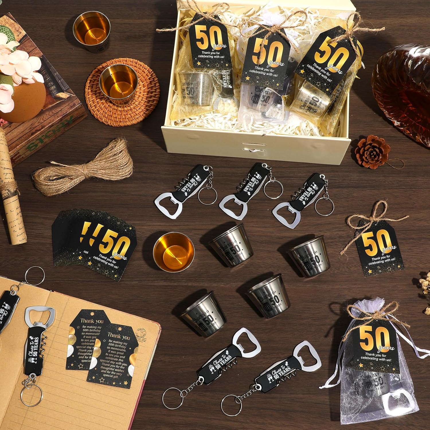 60 Sets 50th Birthday Party Favors Cheers to 50 Years Bottle Opener Short Cups Bulk Thank You Cards Anniversary Keychains with Ropes and Organza Gift Bags for Birthday Party Souvenirs Gifts