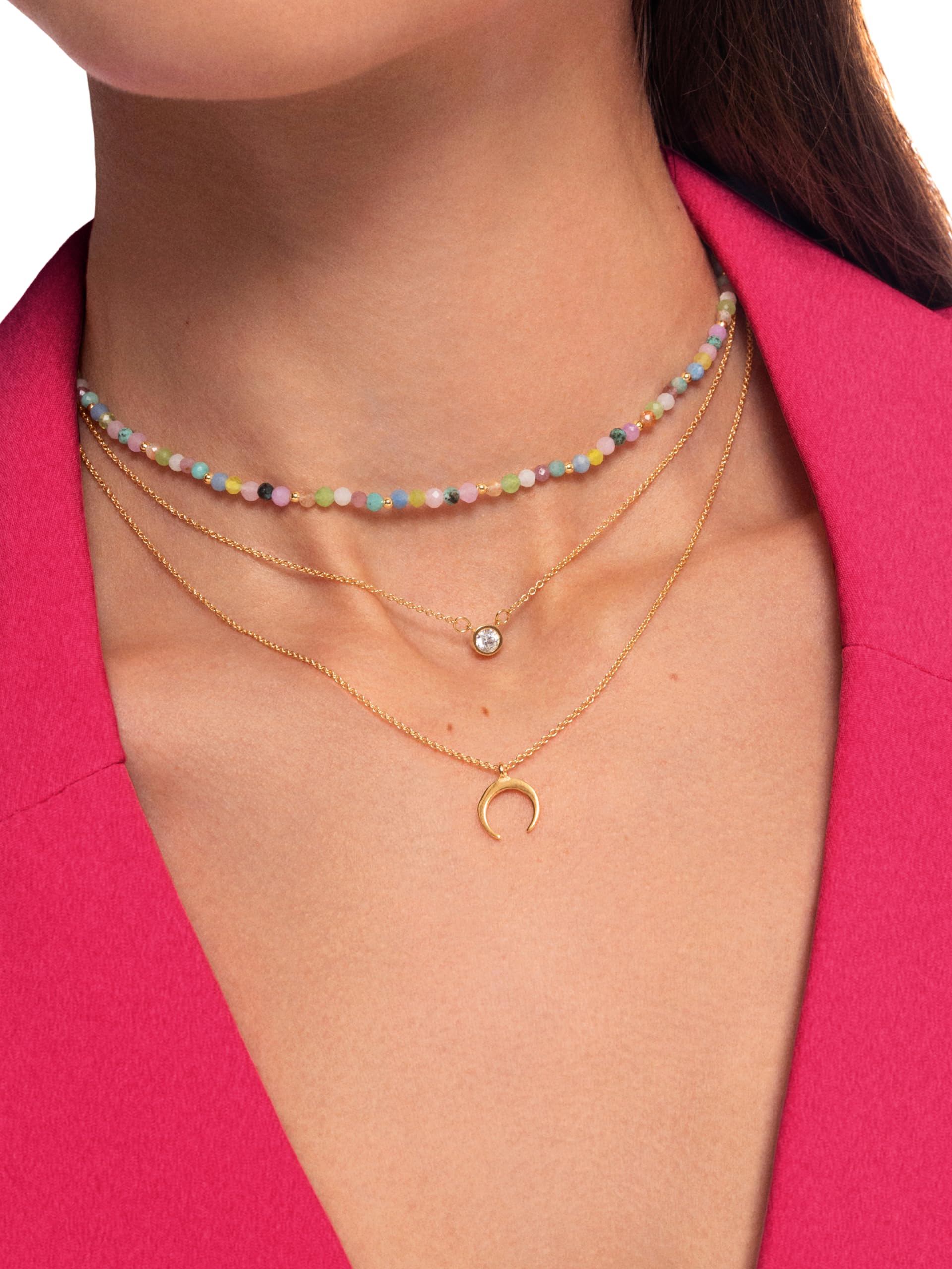 SINGULARU - Set 2 Collane Diamond + Mini Moonset. Ciondoli in Argento Sterling 925 con Mezzaluna e Zircone. Catene Taglia Unica