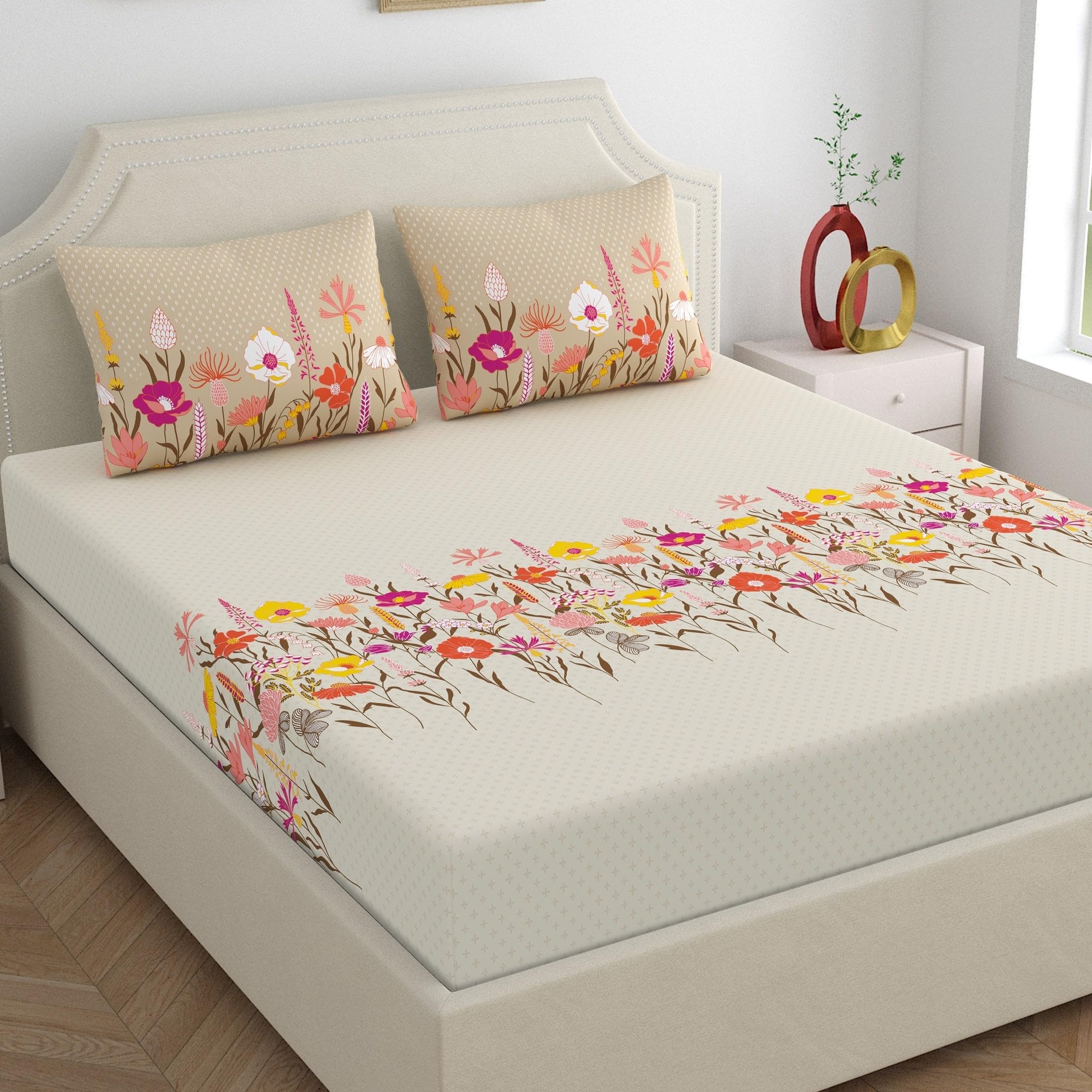 Home Ecstasy 100% Cotton Double Bedsheet with 2 Pillow Covers - (Size 87 x 92 inches, 140 TC, Colour - Beige: Frost Petal)-image-44