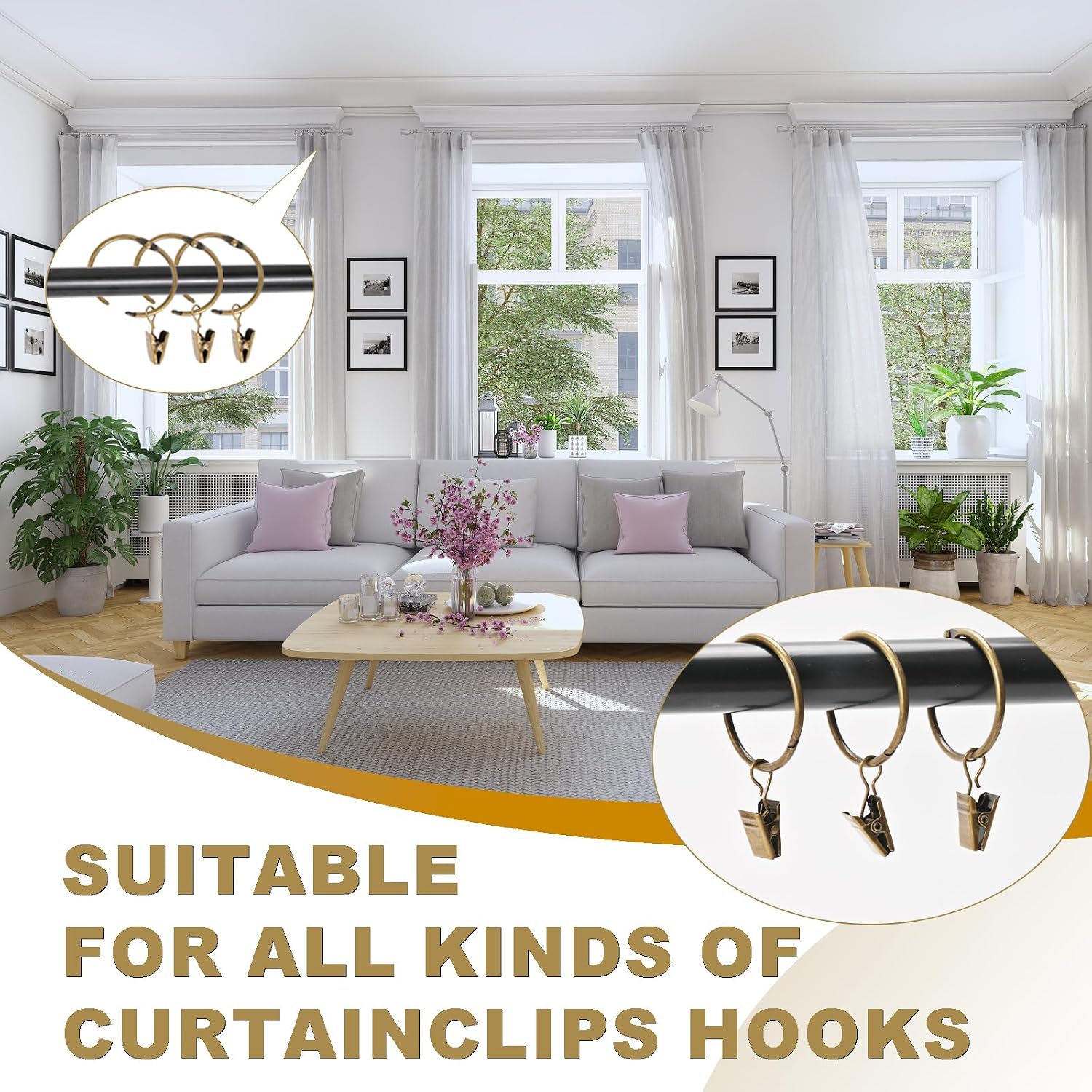 32 PCS Curtain Rings with Clips, Openable Drapery Metal Clip Rings for Hanging Drapes Decorative Fit Up to 1-inch Windows Rods (1 1/4“ Inner Diameter)
