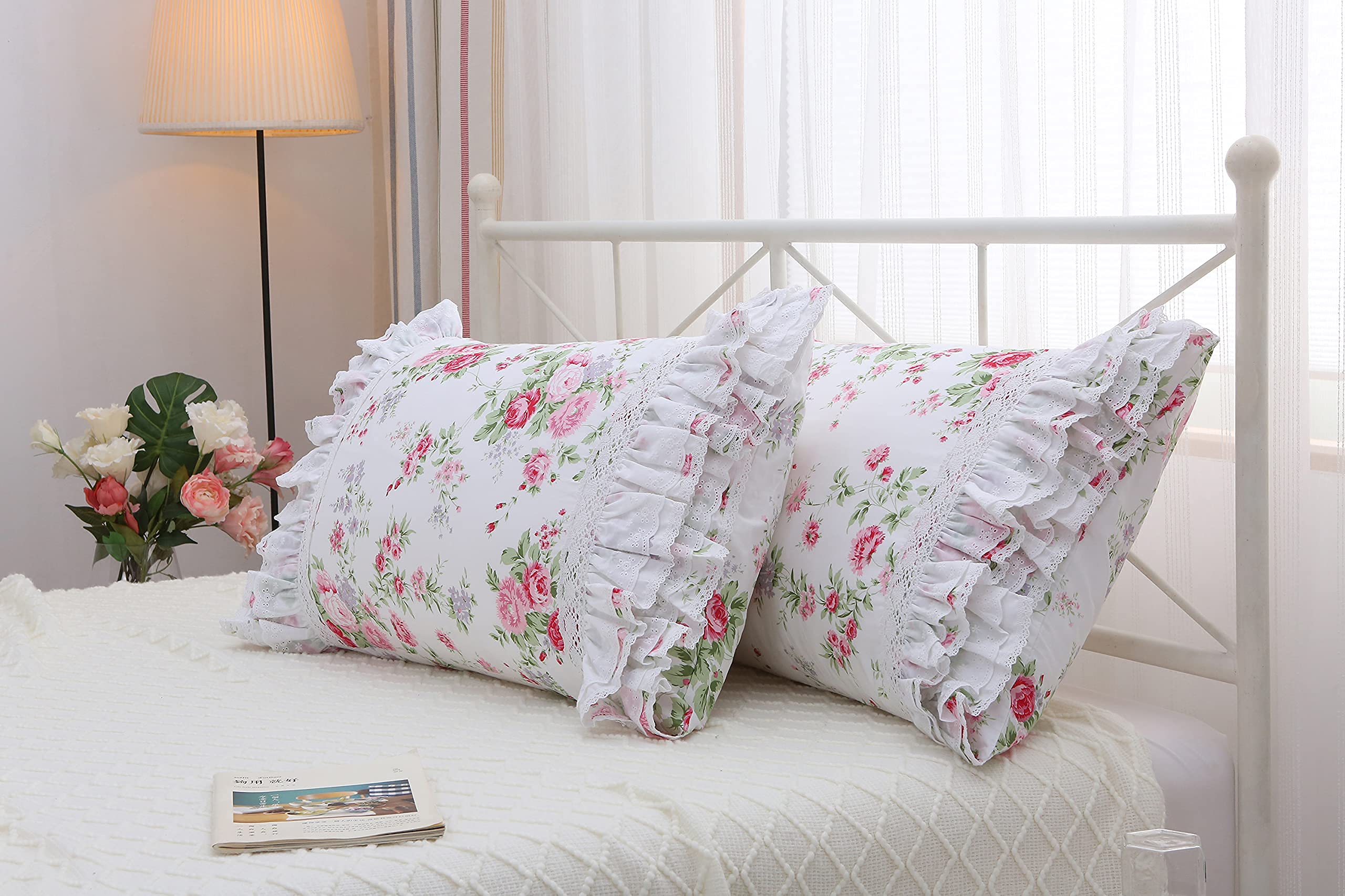 Fundas de almohada decorativas con diseño floral de rosas para cama con encaje y volantes, fundas de almohada de algodón lujosas, tamaño King, 50 x 91 cm, 2 unidades