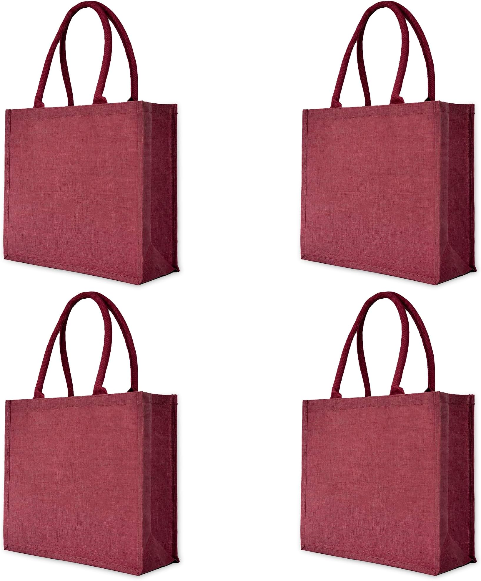 Deep Red Colour 4-Pack Juco Tote Bags – Reusable Burlap Canvas Bags for Shopping, Weddings & Beach Trips – Stylish & Durable, 14" H x 16" L x 6" W.