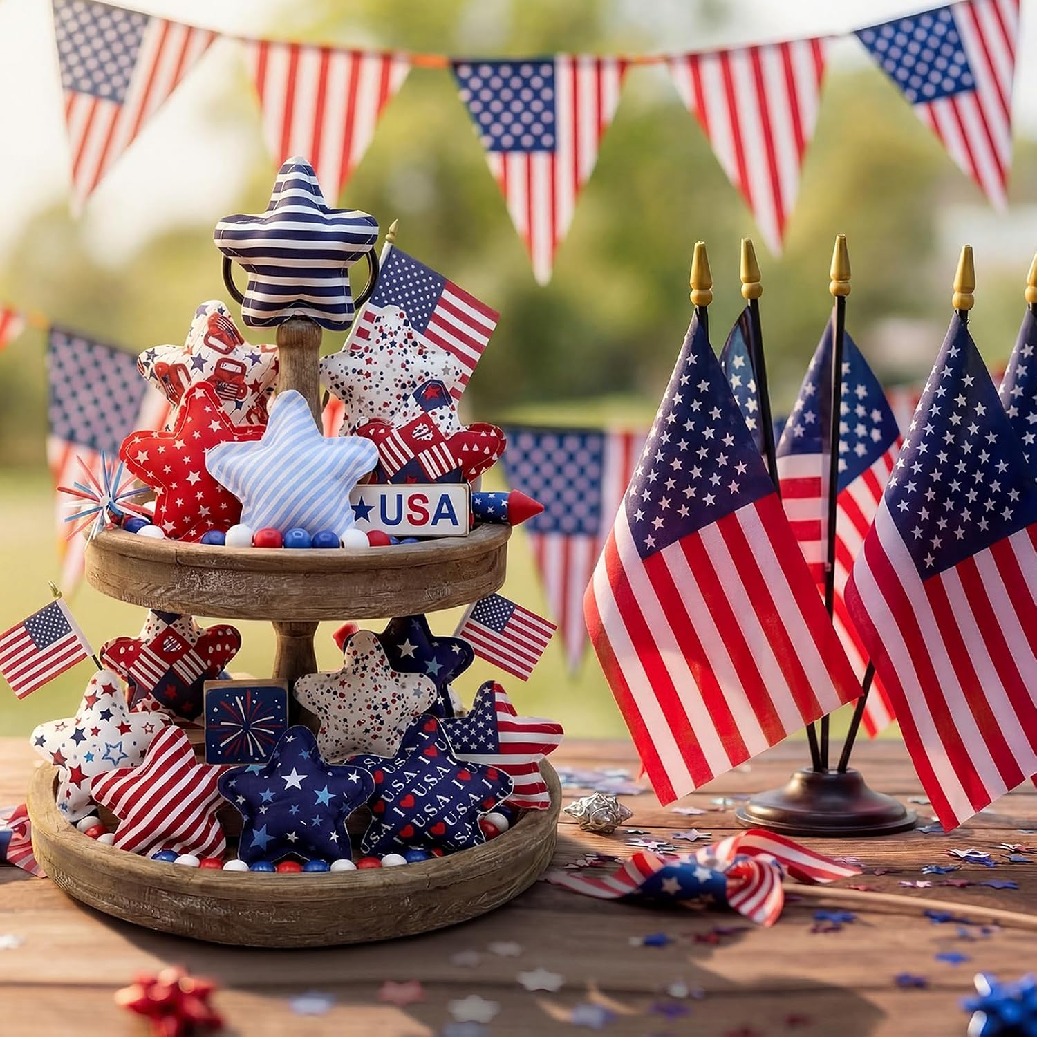 Tudomro 12 Pcs Fourth of July Fabric Star Decor Cloth Star Bowl Filler for Summer Home Farmhouse Ornaments Independence Day Home Decor
