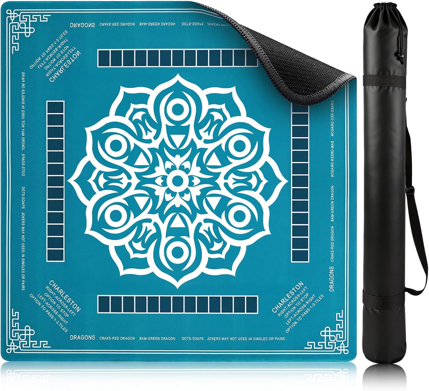 Mahjong Mat 31.5"x31.5" - Waterproof Mahjong Table Mat with Printed Rules, Noise-Reducing & Anti-Slip Surface, 33.4" Bag Fits Rolled Mat - for Majong, Poker, Card Games