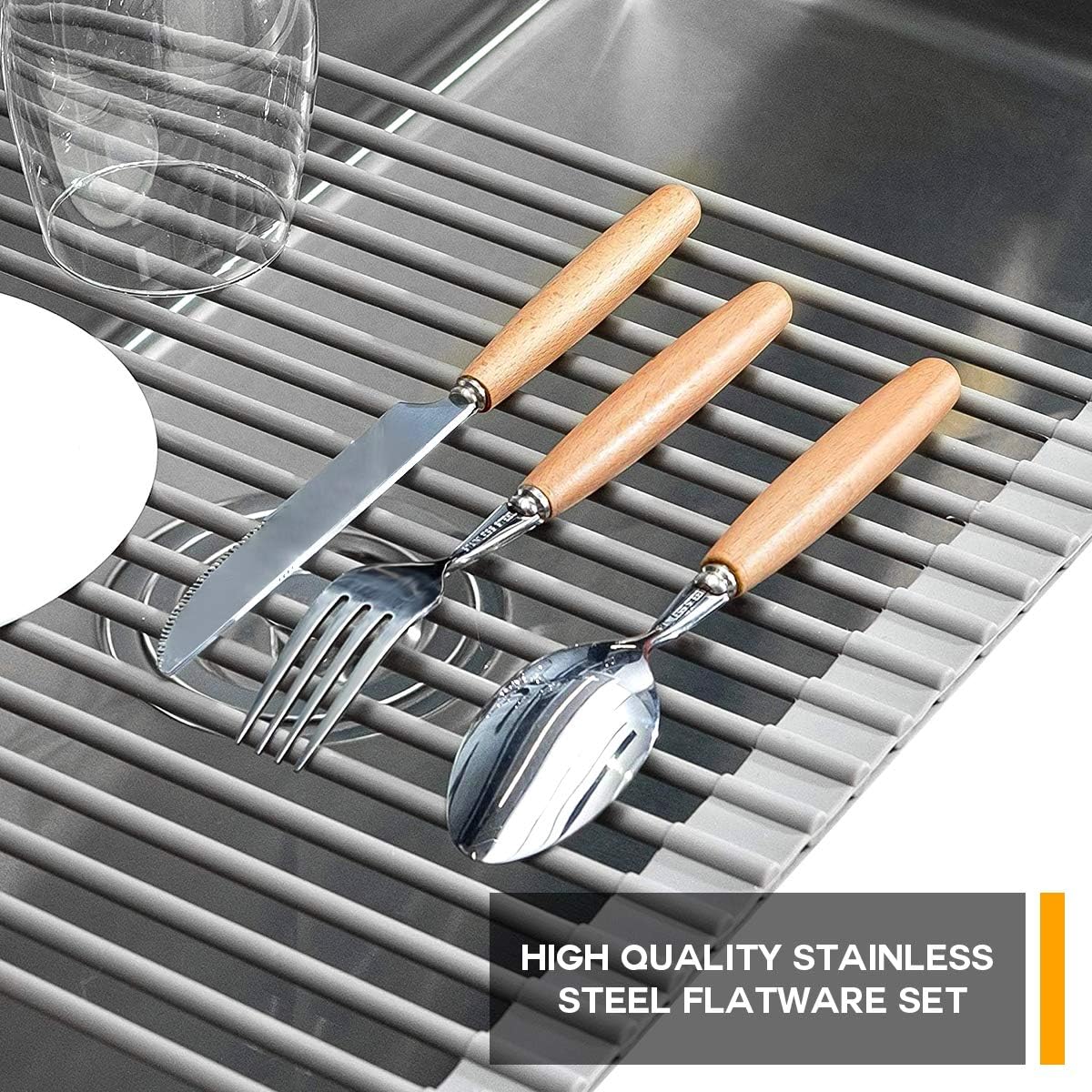 Portable Utensils Set with Case,Reusable Office Flatware Silverware Set,Healthy & Eco-Friendly Stainless Steel&Wood Full Size Fork,Spoon,Knife Cutlery Ideal for Travel,Lunch Box and Camping