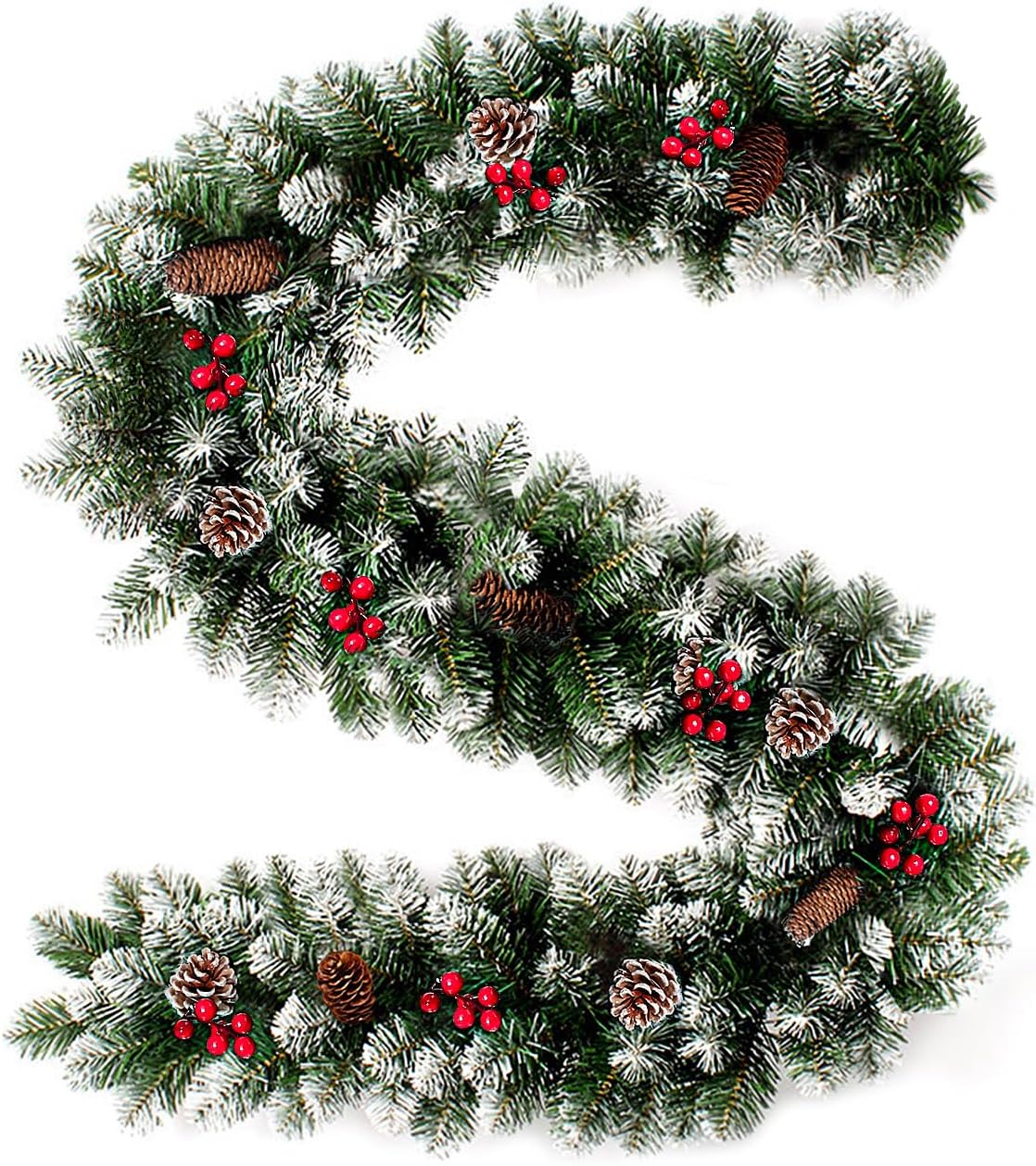 9FT Flocked Christmas Garland, Artificial Snowy Xmas Garland, Indoor Outdoor Winter Garland with Pine Cones and Red Berries for Christmas Decorations Table Mantle Room